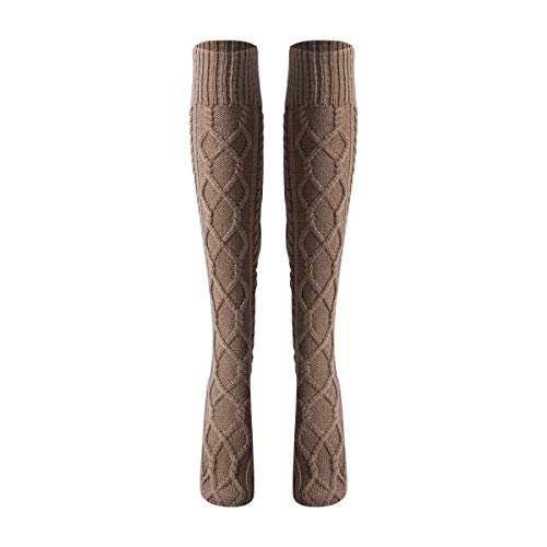 Women's Cable Knit Knee High Socks - Striped Cotton Thigh Stockings for Winter Warmth