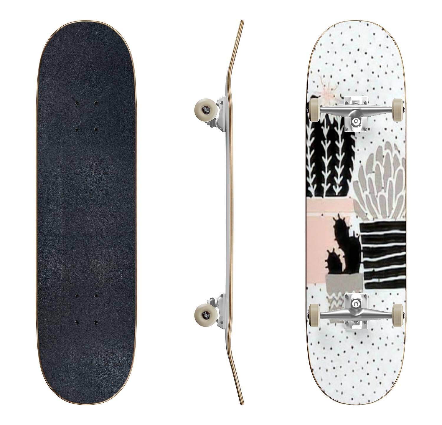 Hand-Drawn Cactus Skateboard - Black, White, Taupe & Pastel Pink Classic Concave Deck | Longboard for Beginners & Pros | Extreme Sports Gear | Cool Teen Gifts | Perfect for Street Skating, Commuting & Skatepark Tricks