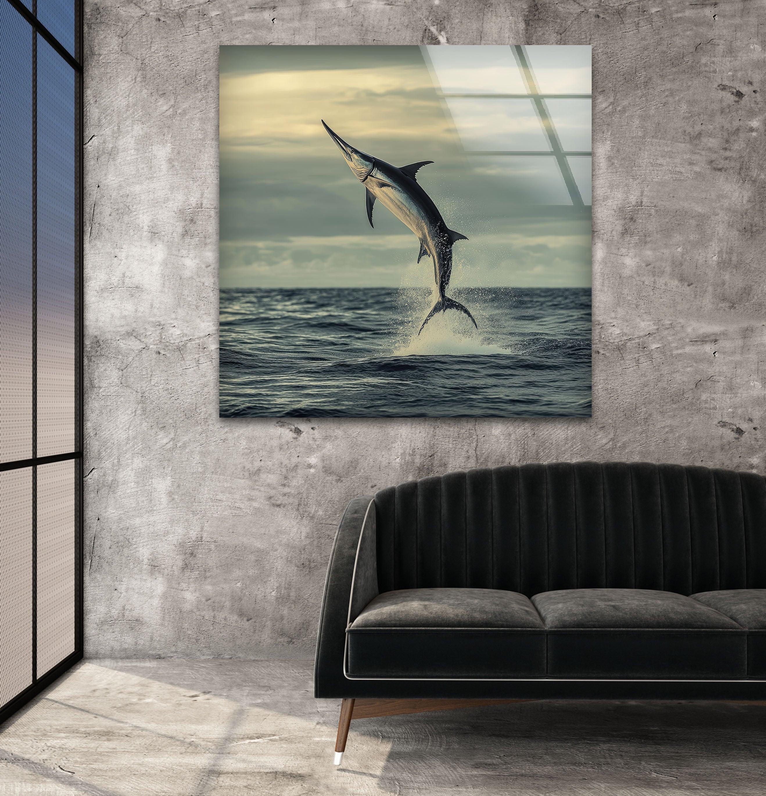 Handcrafted Swordfish Glass Wall Art - Ocean Themed Home Decor for Living Room, Bedroom & Office - Unique Sea Life Gift Idea