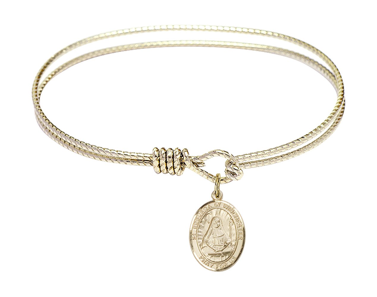 6 1/4 Inch Oval Eye Hook Bangle Bracelet with St. Edburga of Winchester Charm - Elegant Religious Jewelry for Women, Perfect for Church, Weddings & Special Occasions