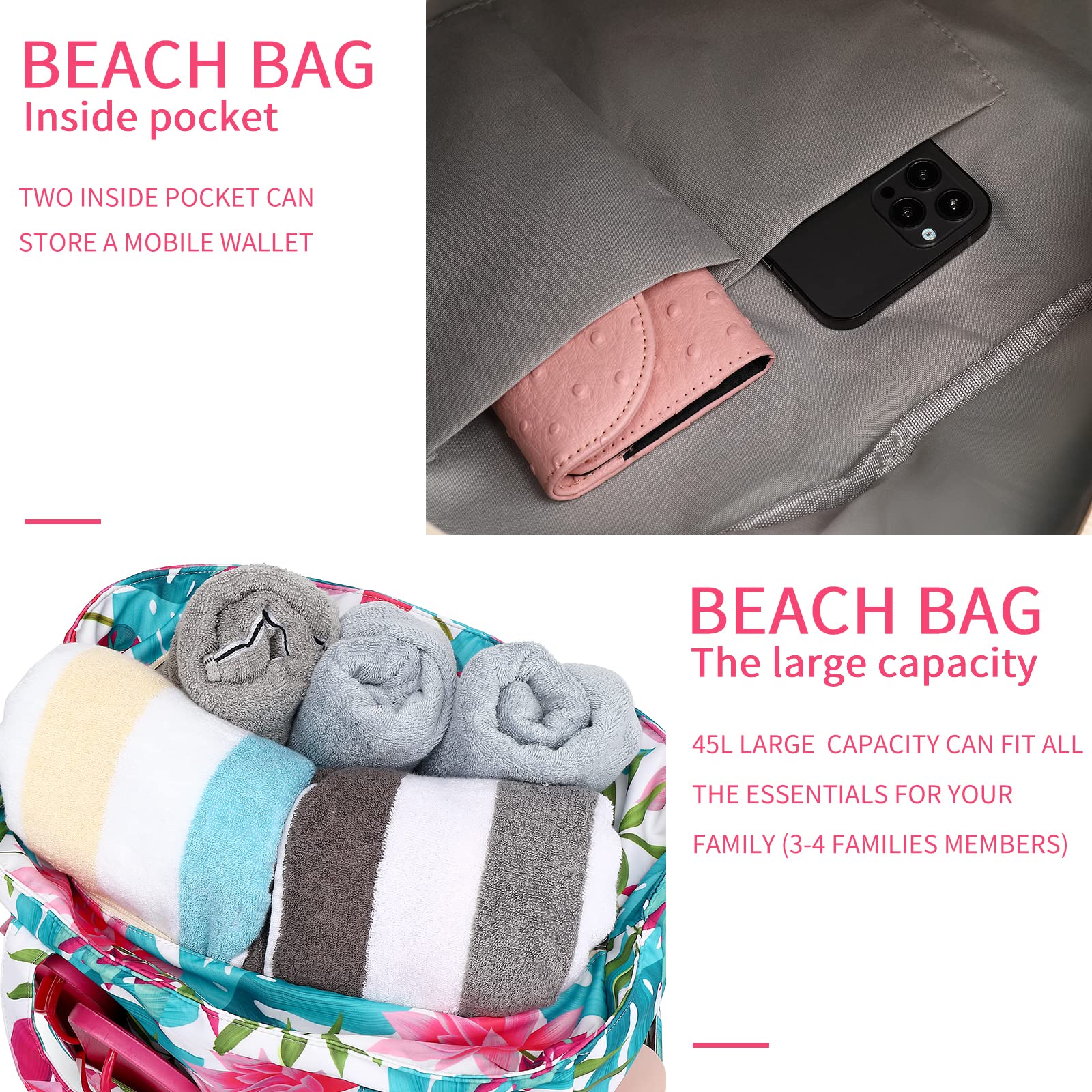 LEDAOU Large Waterproof Beach Tote Bag for Women - Sandproof Zippered Pool & Gym Bag with Wet Pocket - Perfect for Travel, Grocery Shopping & Beach Outings