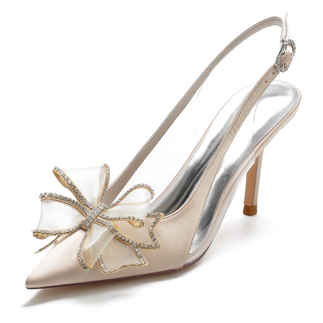Elegant Satin Bridal Heels with Bow & Rhinestones - Closed Toe Wedding Shoes for Bride, High Heel Prom Pumps for Evening Party & Special Occasions