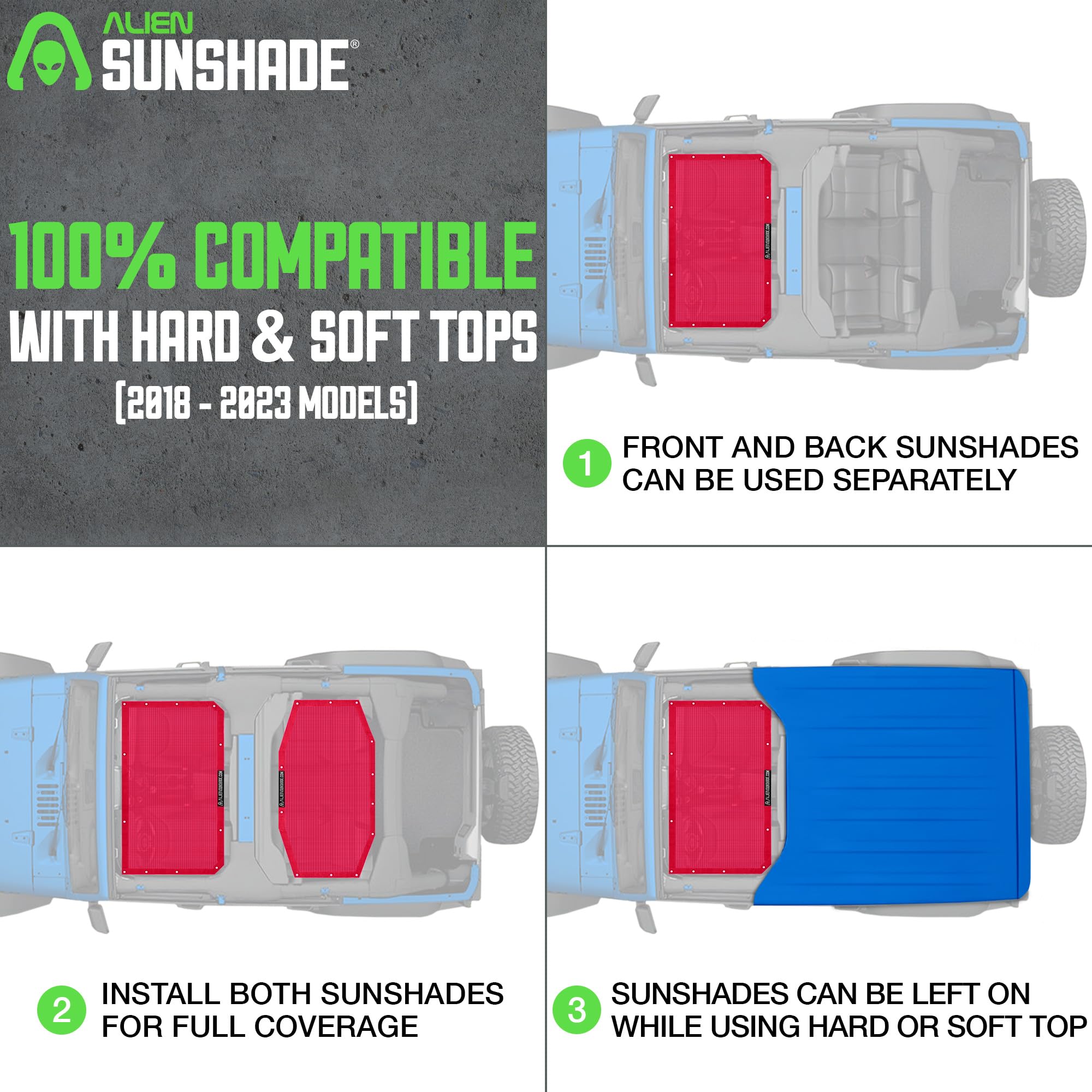 Alien Sunshade for Jeep Wrangler JLU (2018-2023) - Red Front & Rear Mesh Top Cover | UV Protection, Wind & Noise Reduction | Fits Sport, Sport S, Sahara, Rubicon Models | Perfect for Off-Roading, Beach Trips & Summer Adventures
