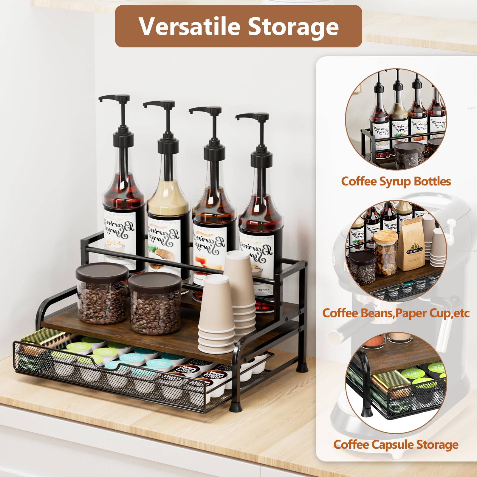 3-Tier Coffee Syrup Rack Organizer - Holds 8 Bottles & 35 K-Cups | Space-Saving Storage for Coffee Bars, Kitchens & Home Cafes | Perfect for Syrups, Wine Bottles, Salad Dressings & Coffee Pod Organization