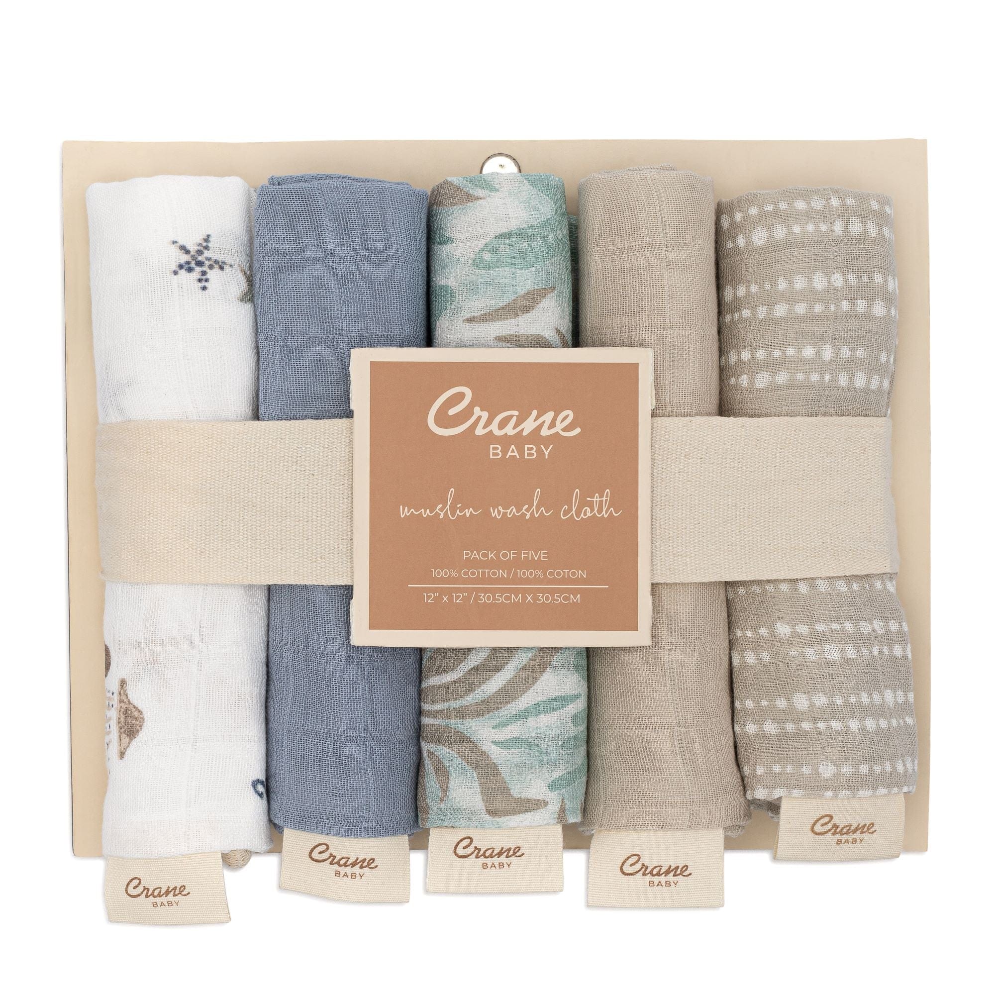 Crane Baby Cove 5-Piece Wash Cloth Set | Soft Organic Cotton Baby Washcloths with Sea Life Design | Perfect for Newborn Bath Time & Gentle Skin Care