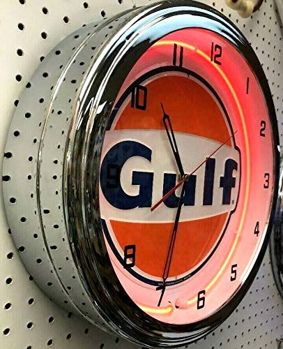 Vintage Orange Neon Clock - Gas Station Sign with Gulftane Y Logo - Retro Gasoline Motor Oil Decor for Home, Bar, or Man Cave