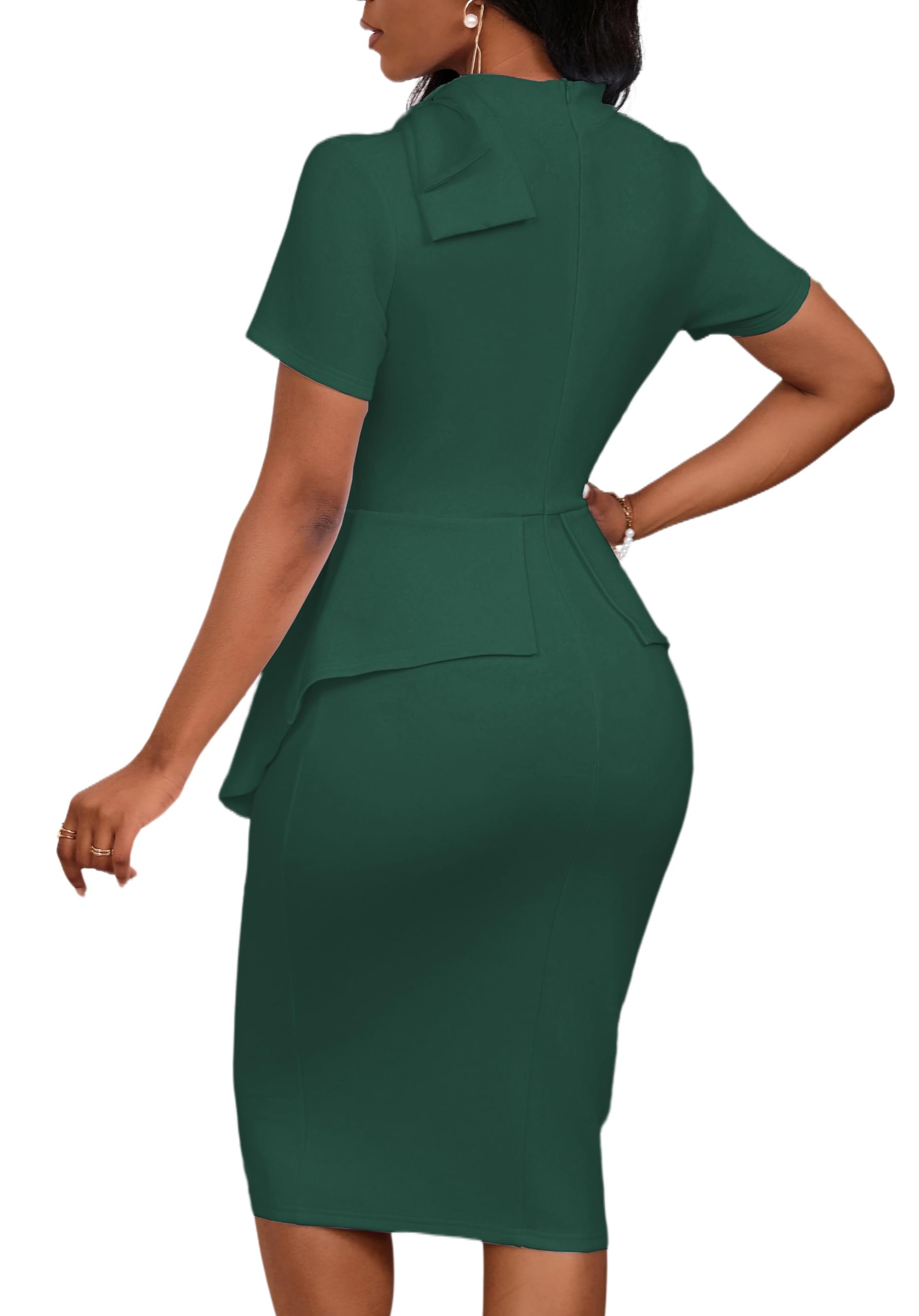 Elegant Women's Peplum Bodycon Dress with Bow & Ruffle Detail - Short Sleeve Work Dress for Office, Cocktail Party & Club Wear | Formal Pencil Dress for Women | Perfect for Business Meetings, Date Nights & Special Occasions
