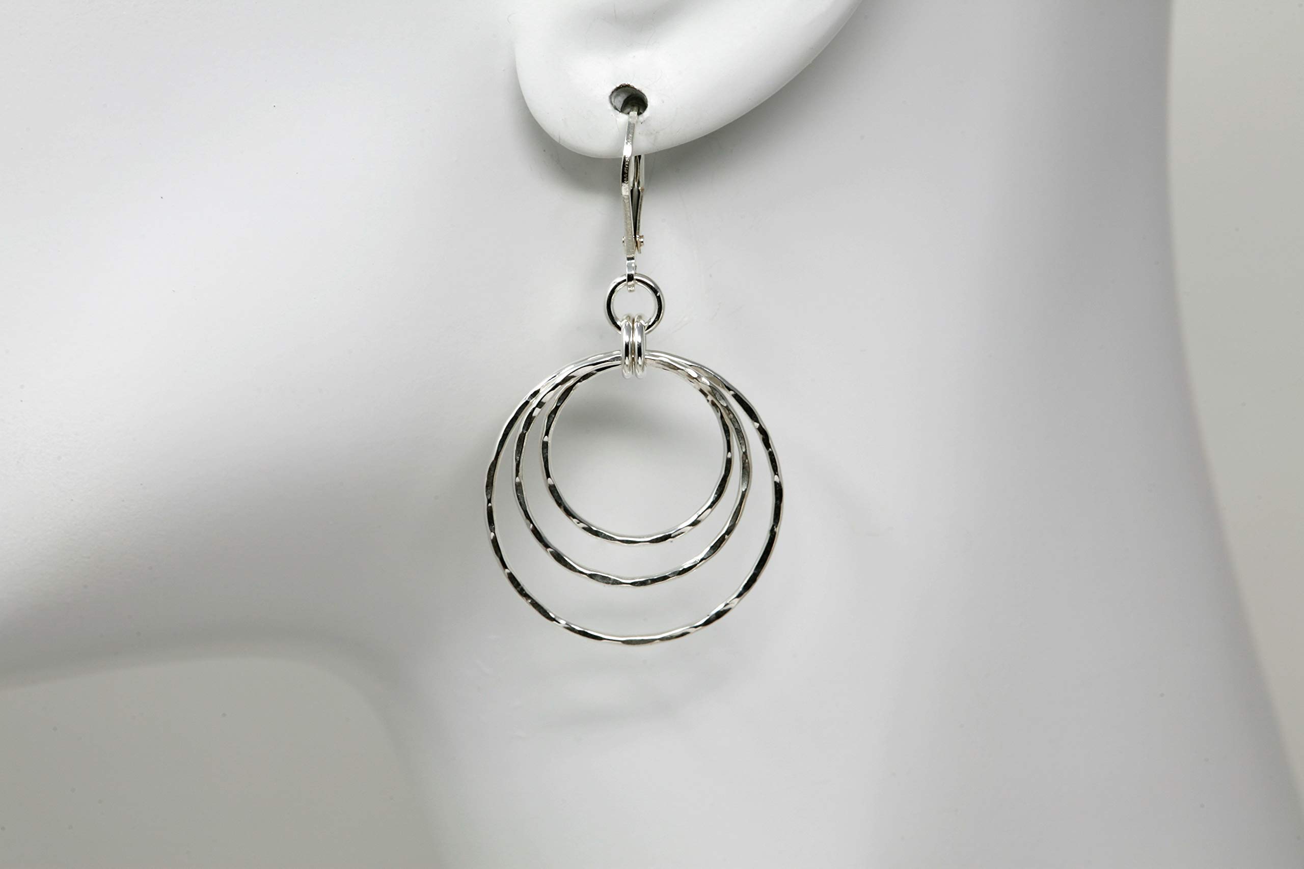 Sterling Silver Three Hoop Earrings 1 Inch Diameter - Hammer Textured Gunmetal Finish Leverback for Women | Boho Chic Jewelry for Everyday Wear, Date Night & Special Occasions