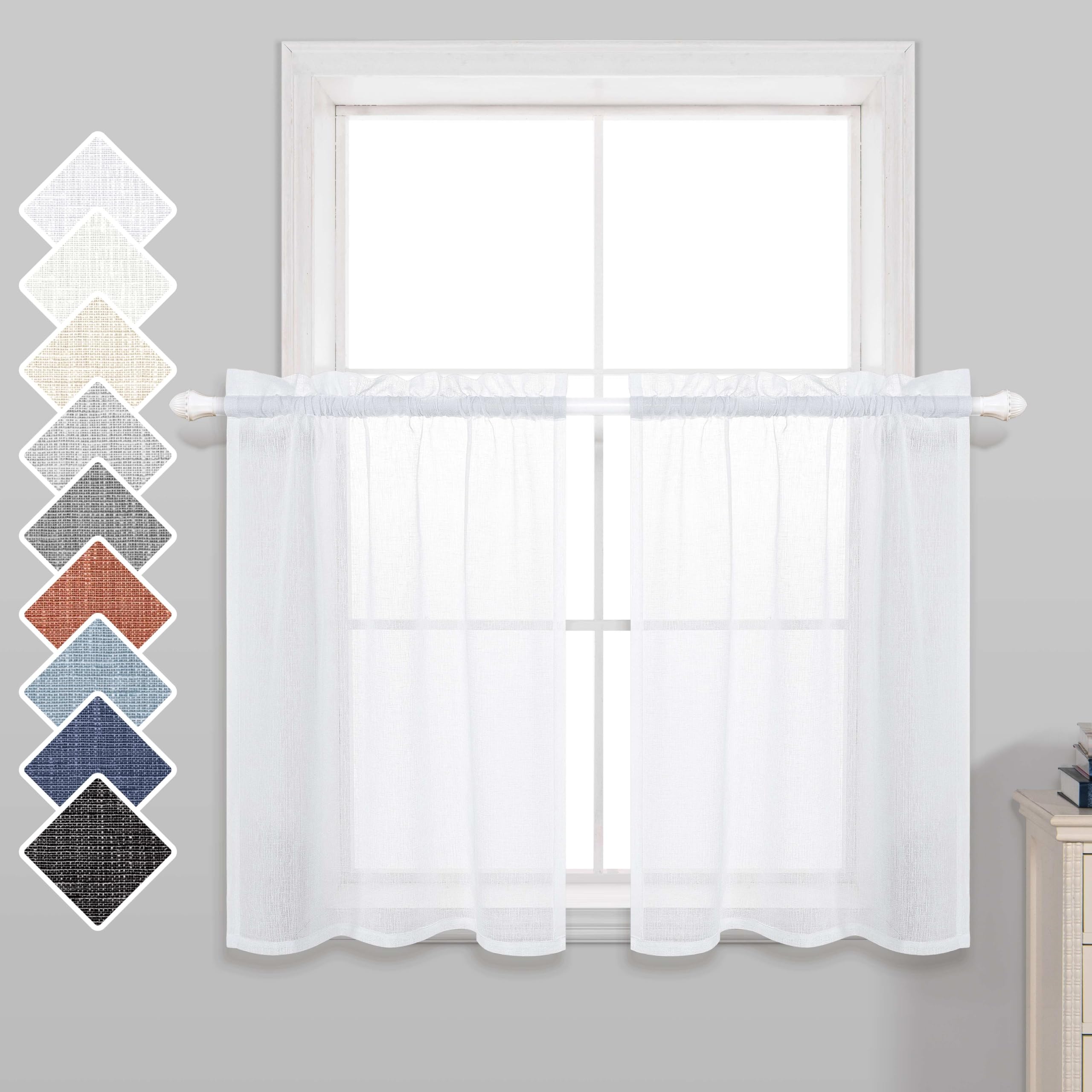 KOUFALL 30 Inch Kitchen Tier Curtains - 2 Panels Rod Pocket Cafe Curtains, Light Filtering Faux Linen Semi-Sheer Short Curtains for Small Windows, Bathroom & Kitchen (30x30 Inches, White) - Perfect for Privacy & Decoration in Homes, Apartments & Offices