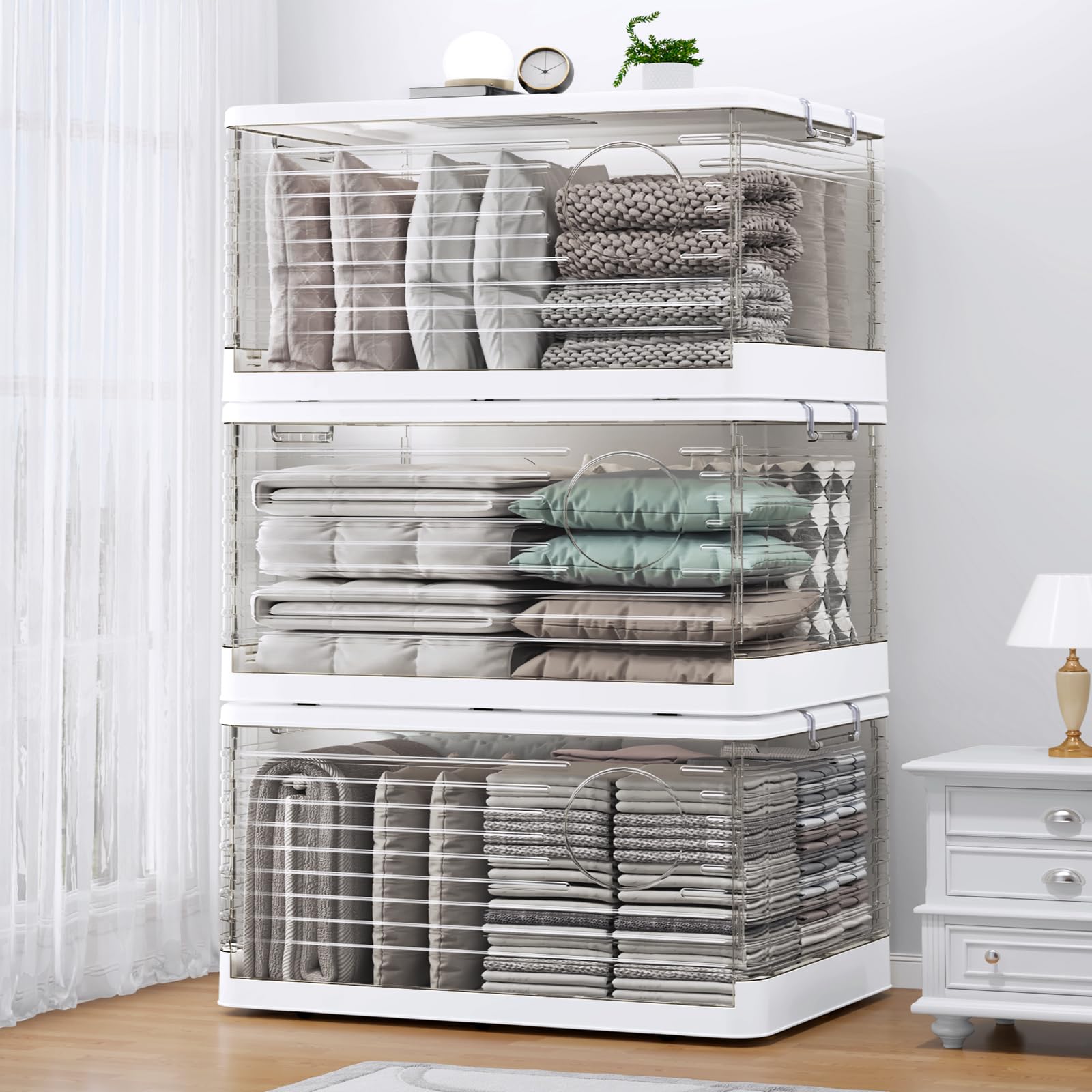 160 Qt Extra Large Plastic Stackable Storage Bins with Lids - 40 Gallon Clear Collapsible Heavy Duty Tote with Wheels - 3-Pack Space Saving Closet Organizer & Home Office Storage Boxes - Perfect for Clothes, Toys, Seasonal Items & Garage Organization