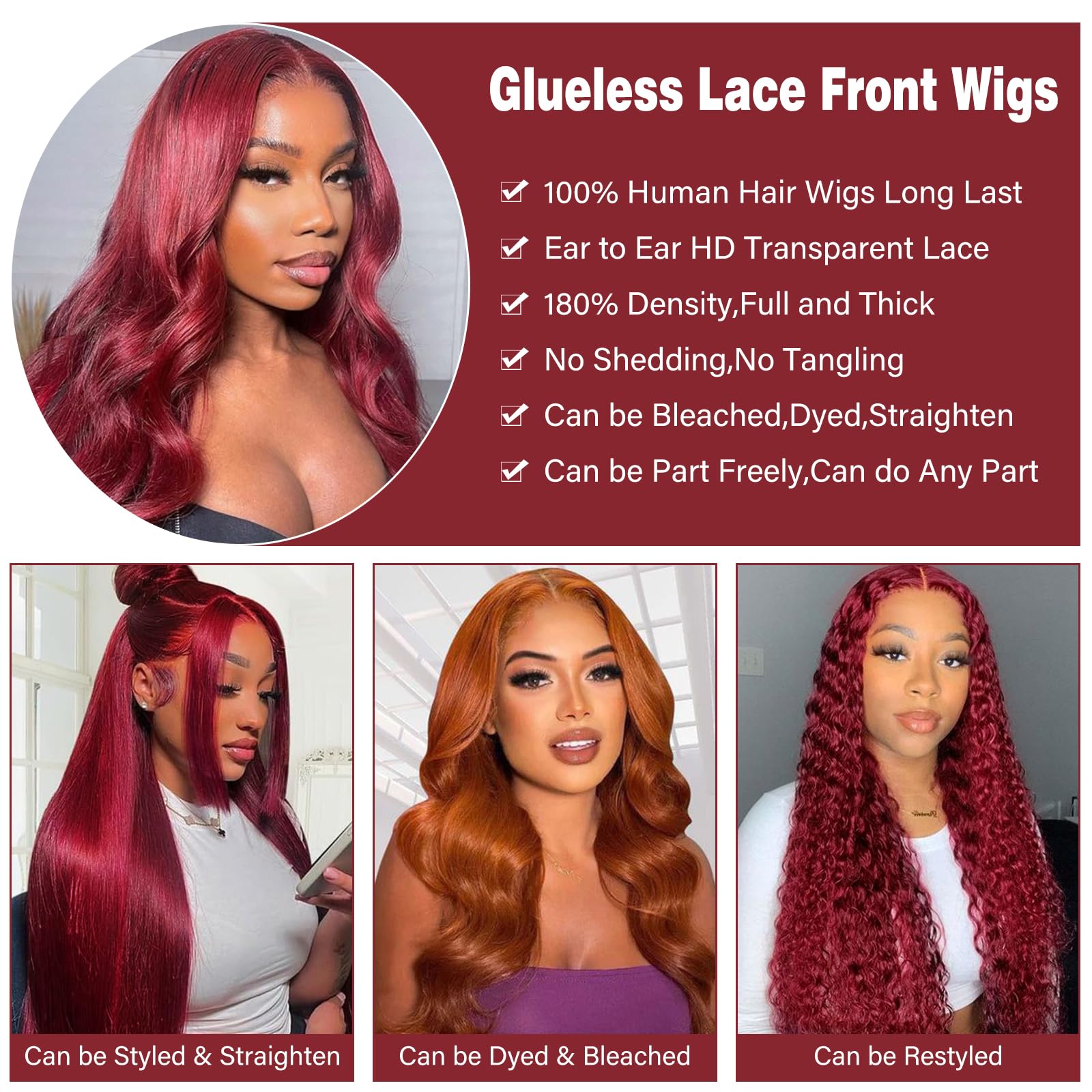 28 Inch Burgundy Body Wave Glueless Lace Front Wig - 100% Human Hair Pre Plucked & Pre Cut for Easy Wear & Go | 4X4 Closure Wigs for Daily Wear, Parties & Special Occasions