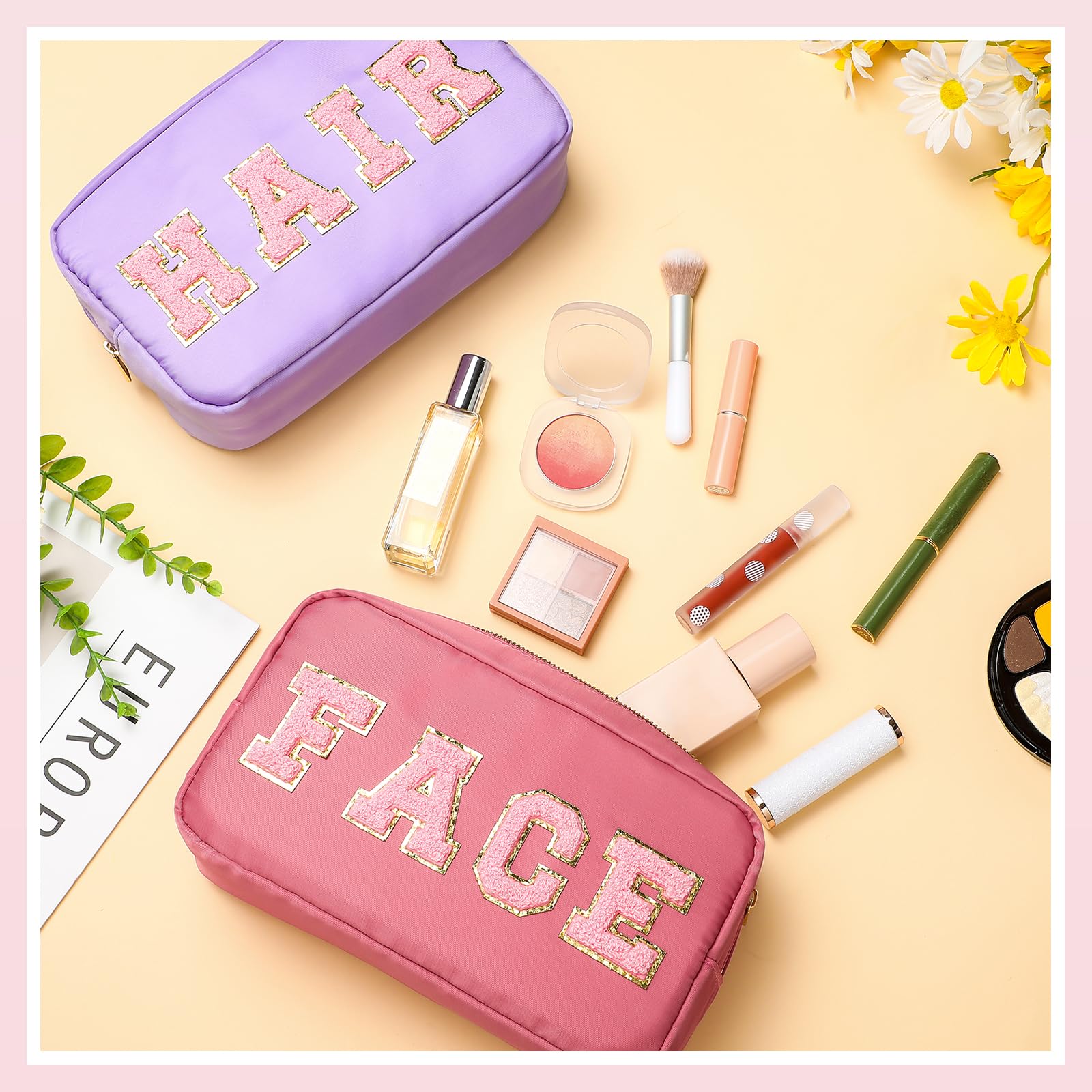 Remerry 4-Piece Waterproof Makeup Bags Set - Travel Cosmetic Organizer with Chenille Letters, Preppy Toiletry Pouches for Women & Teens (Pink Gradient) - Perfect for Gym, Vacation & Daily Beauty Storage