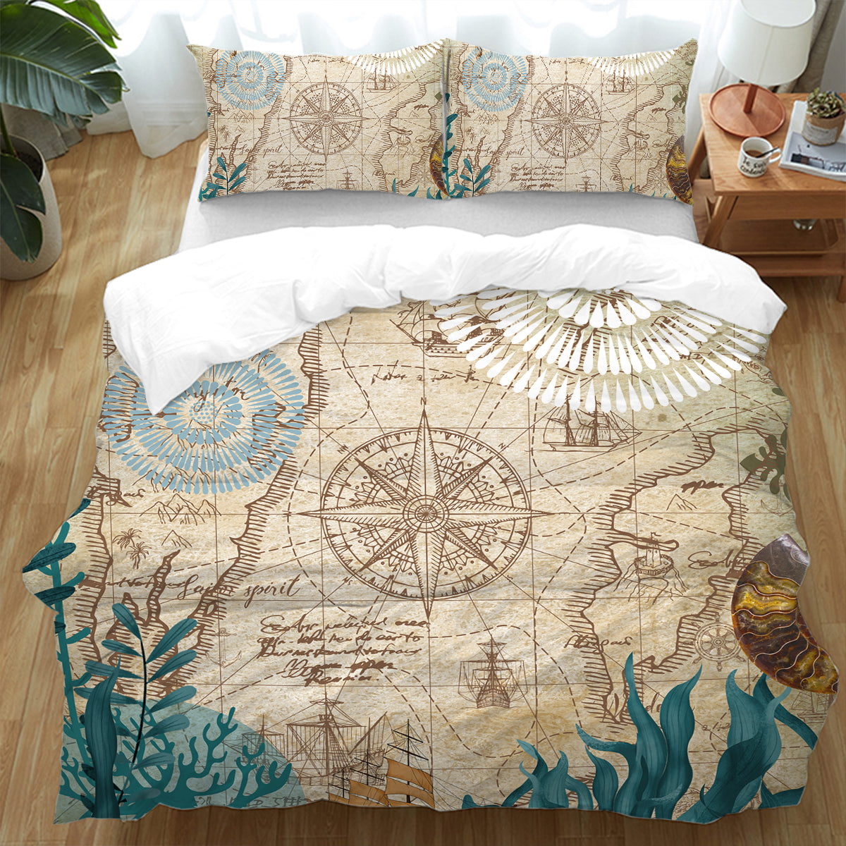 Nautical Chart Bedding Set - Blue and White Ocean Map Print Queen Size 4-Piece Comforter Set - Perfect for Beach House, Coastal Decor, and Nautical Theme Bedrooms
