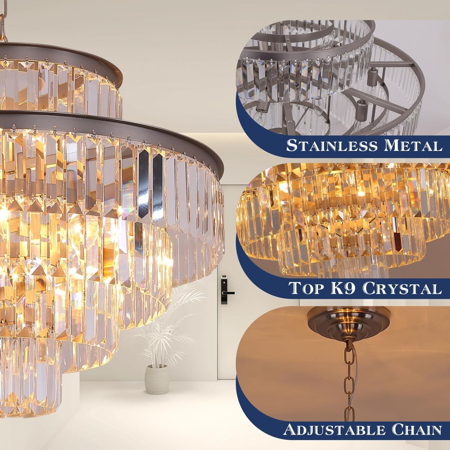 5-Tier 24 Inch Crystal Chandelier Pendant Light - 13-Light High Ceiling Fixture in Nickel Finish - Elegant Lighting for Dining Room, Living Room, Foyer & Hallway - Perfect for Weddings, Parties and Luxury Home Decor