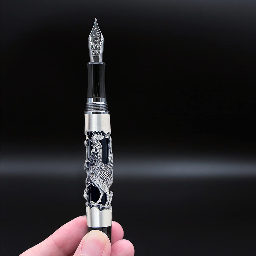 Luxury ARTEX Fountain Pen with Germany Schmidt Nib - Zodiac Relievo Design in Eastern Style - Executive Metal Pen for Professionals - Perfect Gift for Men & Women (Ancient Silver Rooster) - Free Engraving - Ideal for Business Meetings, Signing Documents & Collectors