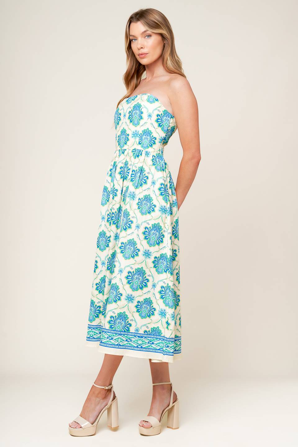 Elegant Strapless Midi Dress in Blue & Green - Perfect for Weddings, Parties & Summer Outings