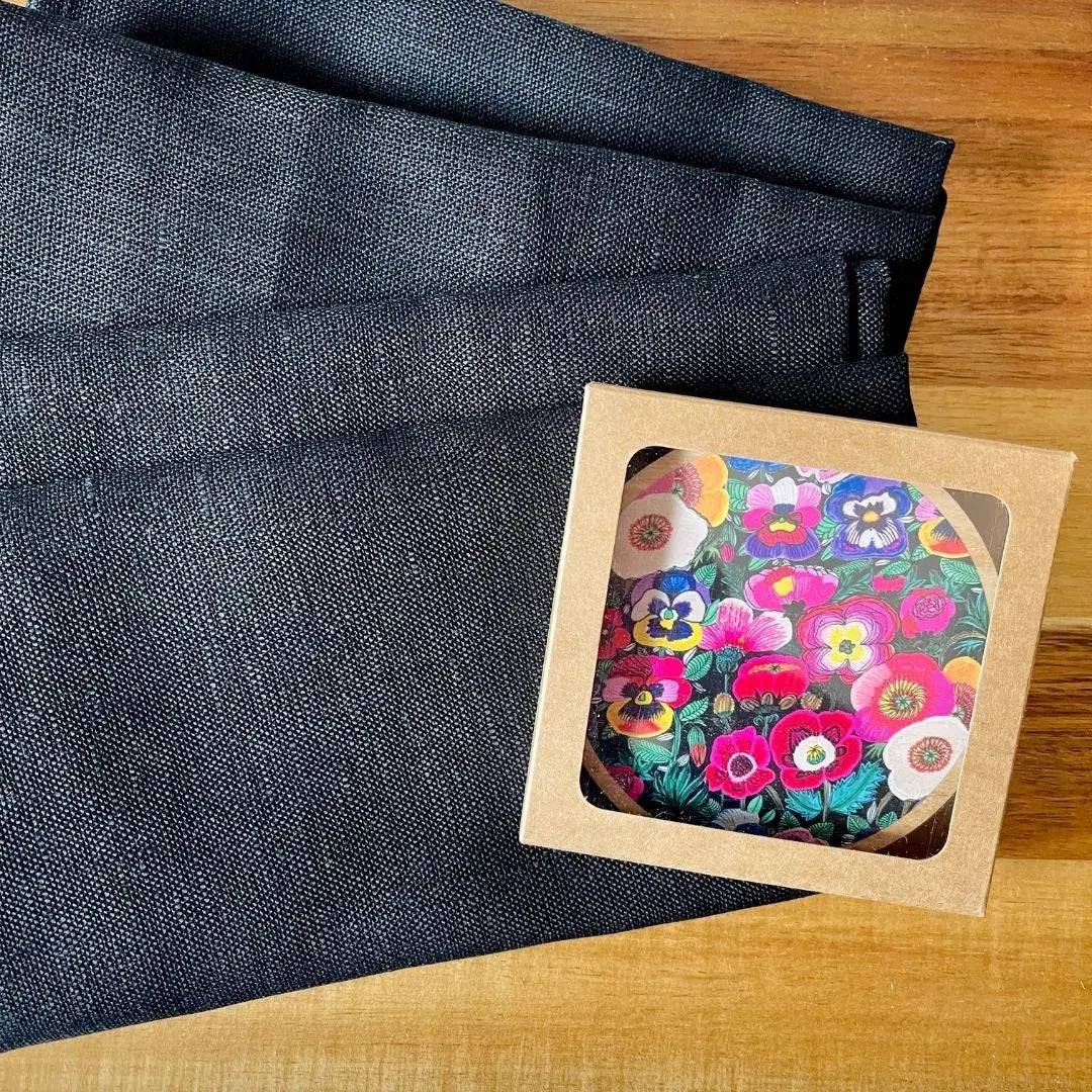 Pansies & Poppies Wooden Coasters Set with Napkins - 4-Piece Floral Coaster and Napkin Holder Set for Dining Table, Kitchen, Party Decor - Perfect for Home, Office, and Gift Giving