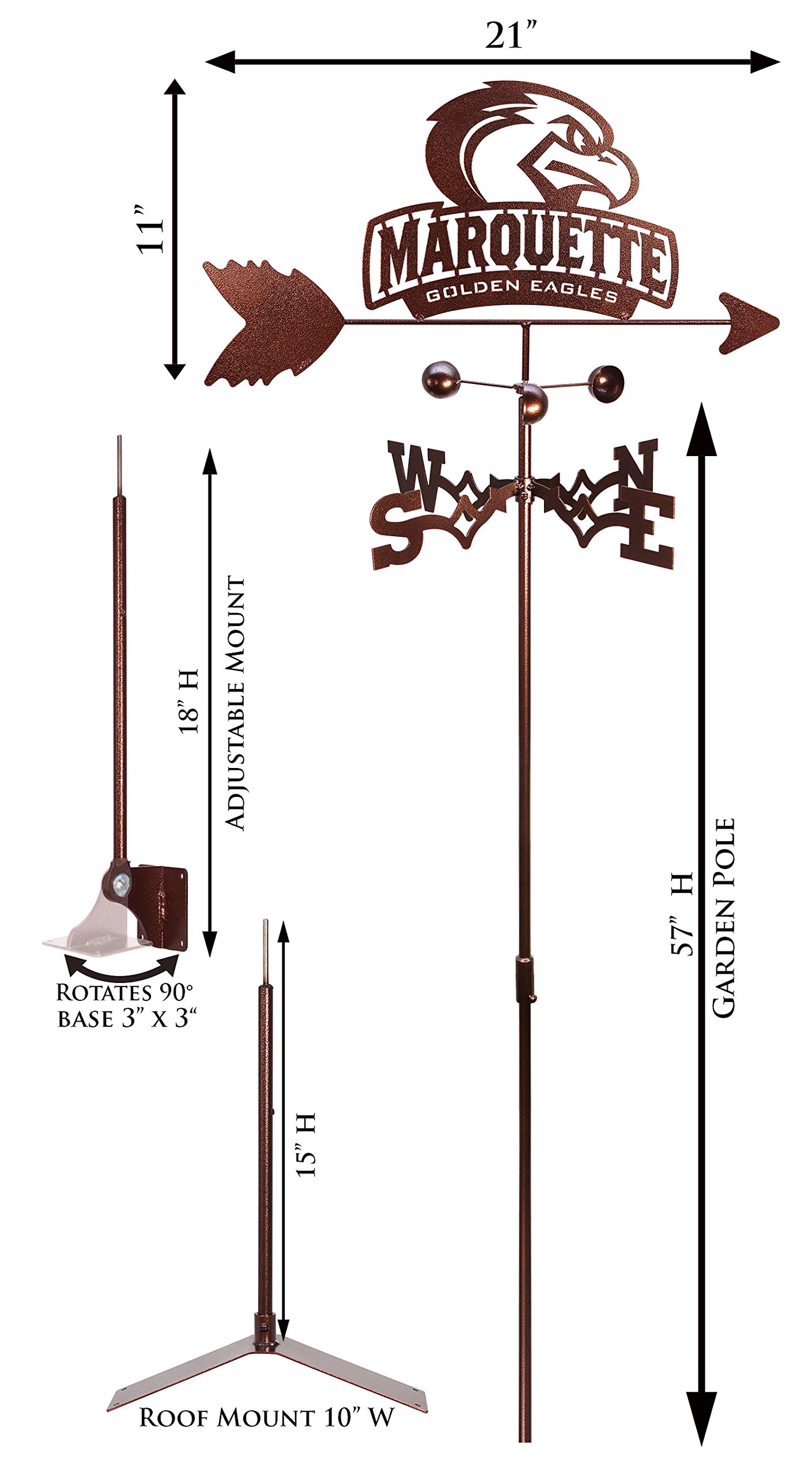 SWEN Products Marquette Eagles Weathervane with Adjustable Mount - Decorative Outdoor Roof Ornament for Garden, Farmhouse & Coastal Homes