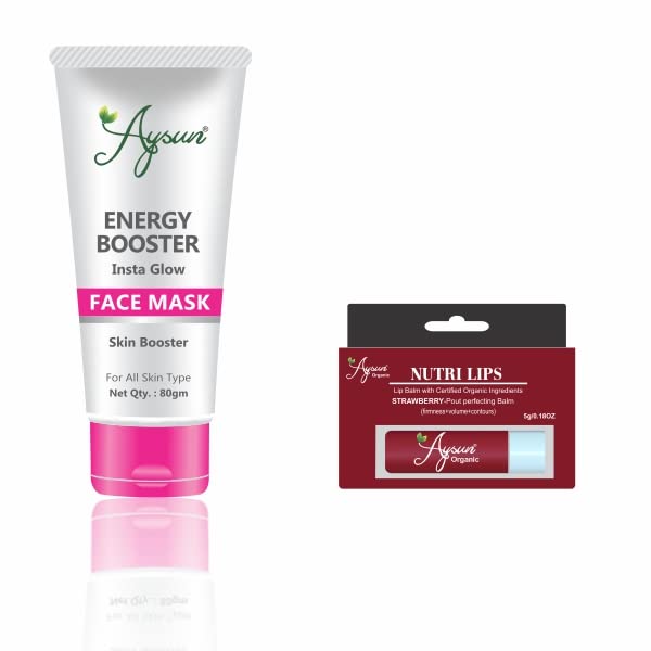 Aysun Energy Booster Face Mask & Strawberry Lip Balm Combo Pack - Skin Hydration & Nourishment Set | Perfect for Daily Skincare Routine & On-the-Go Lip Care