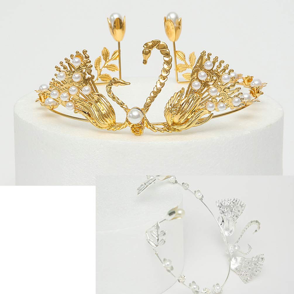 2PCS Rhinestone Tiara Swan Cupcake Toppers - Crystal Wedding Cake Decorations for Engagement, Anniversary & Birthday Parties - Elegant Pearl & Gold Trim Bride Princess Accessories (Perfect for Wedding Cakes, Bridal Showers, Birthday Celebrations & Special Events)