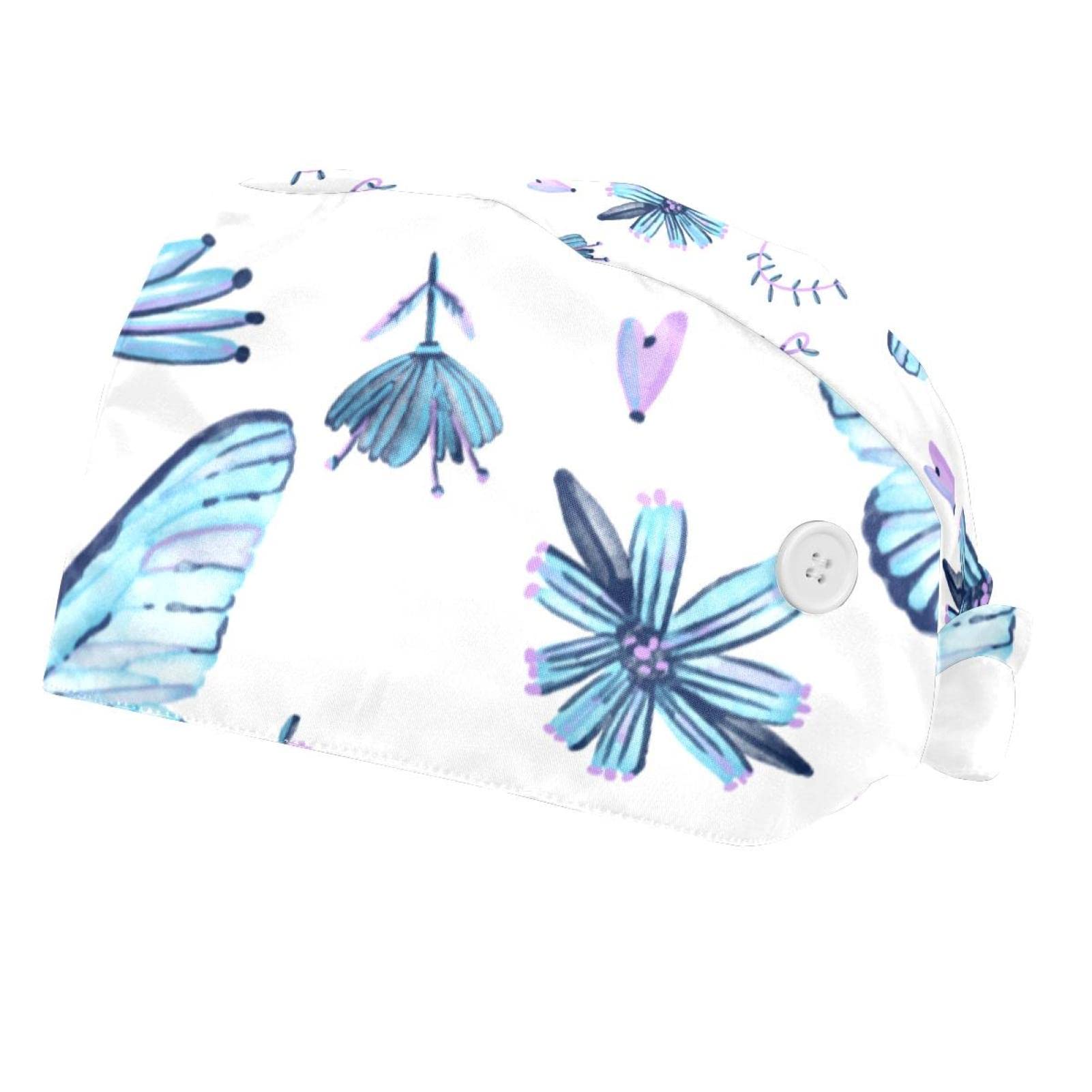 Hand-Painted Butterfly Floral Adjustable Working Cap with Buttons & Sweatband - Unisex Bouffant Hat for Women & Men - Perfect for Nurses, Chefs, and Outdoor Activities