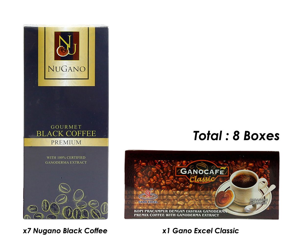 Premium Nugano Gourmet Black Coffee & Gano Excel Classic Coffee Bundle - 7 Boxes + 1 Box - Rich Aroma & Bold Flavor for Home, Office & Gifts