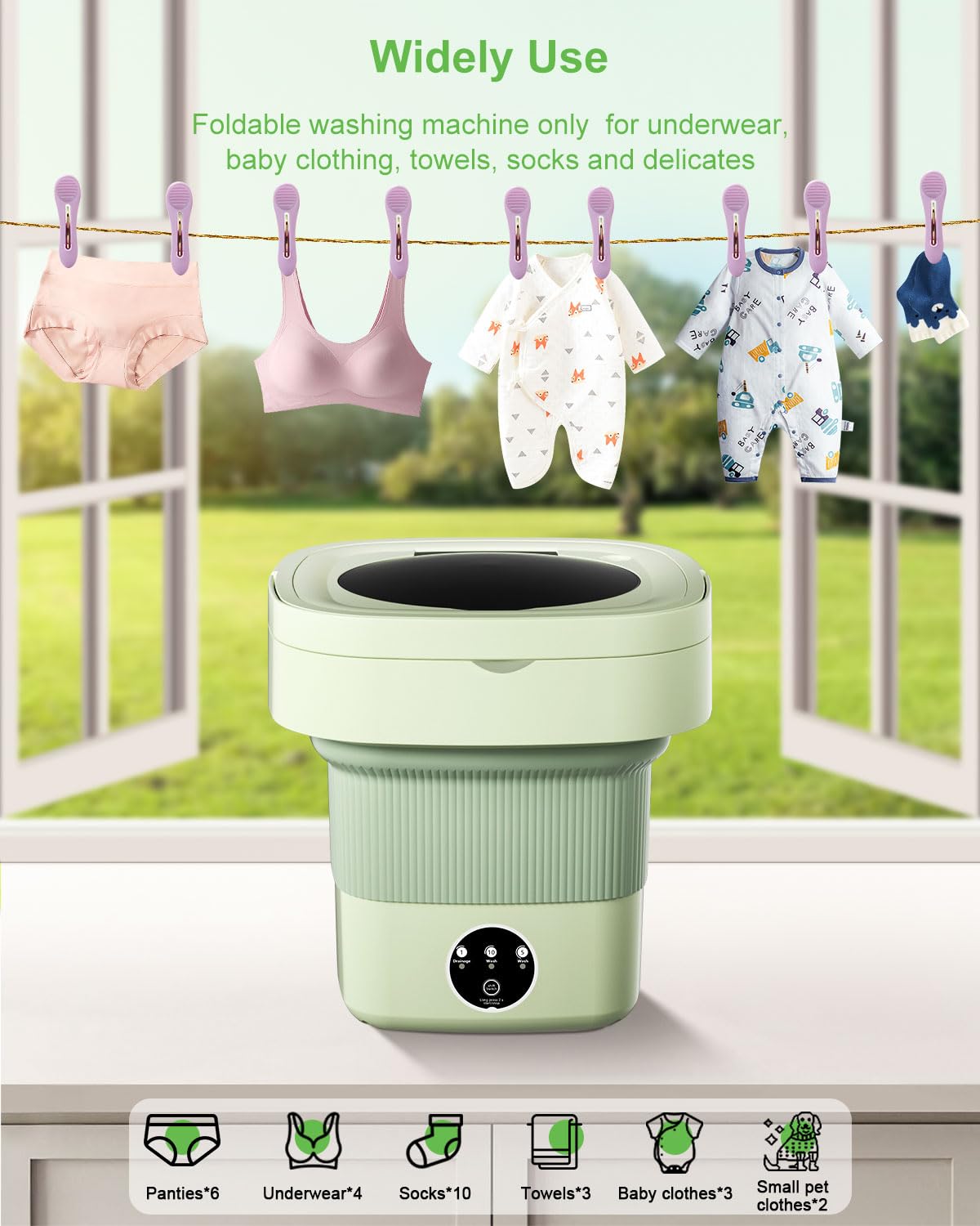 Portable Washing Machine 9L Mini Laundry Washer - 3 Wash Modes for Underwear, Baby Clothes, Socks & Delicates | Foldable Compact Washer Dryer Combo for Apartments, Homes, Hotels, Camping & RVs | Ideal for Small Spaces, Travel & Emergency Laundry (Green)