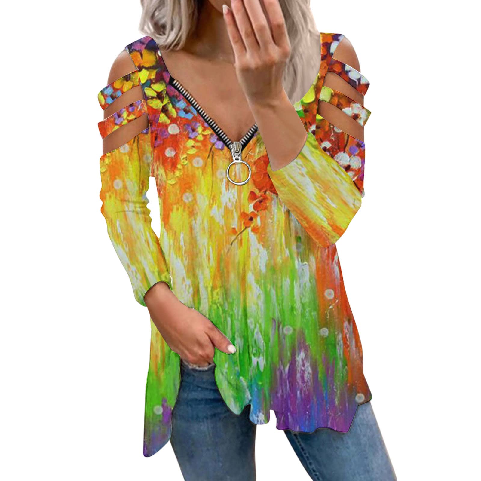 Sexy Off Shoulder T-Shirts for Women - V Neck Hollow Out Long Sleeve Tie Dye Floral Swing Tops | Casual Wear, Date Night, Summer Outfits, Beach Cover Up