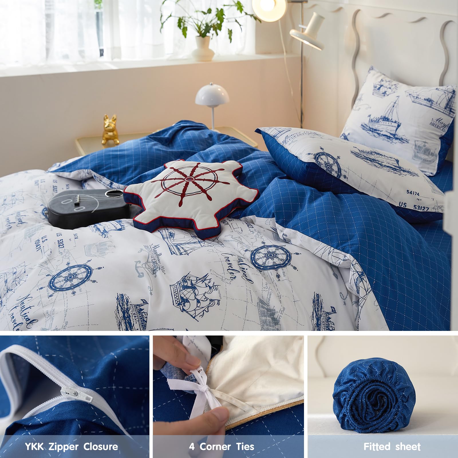 100% Organic Cotton Duvet Cover Set for Kids & Teens - 3 Piece Soft Cartoon Comforter with Zipper Closure, Sailboat Pattern Twin Size Bedding | Perfect for Boys' Room, Nursery Decor & Cozy Sleep