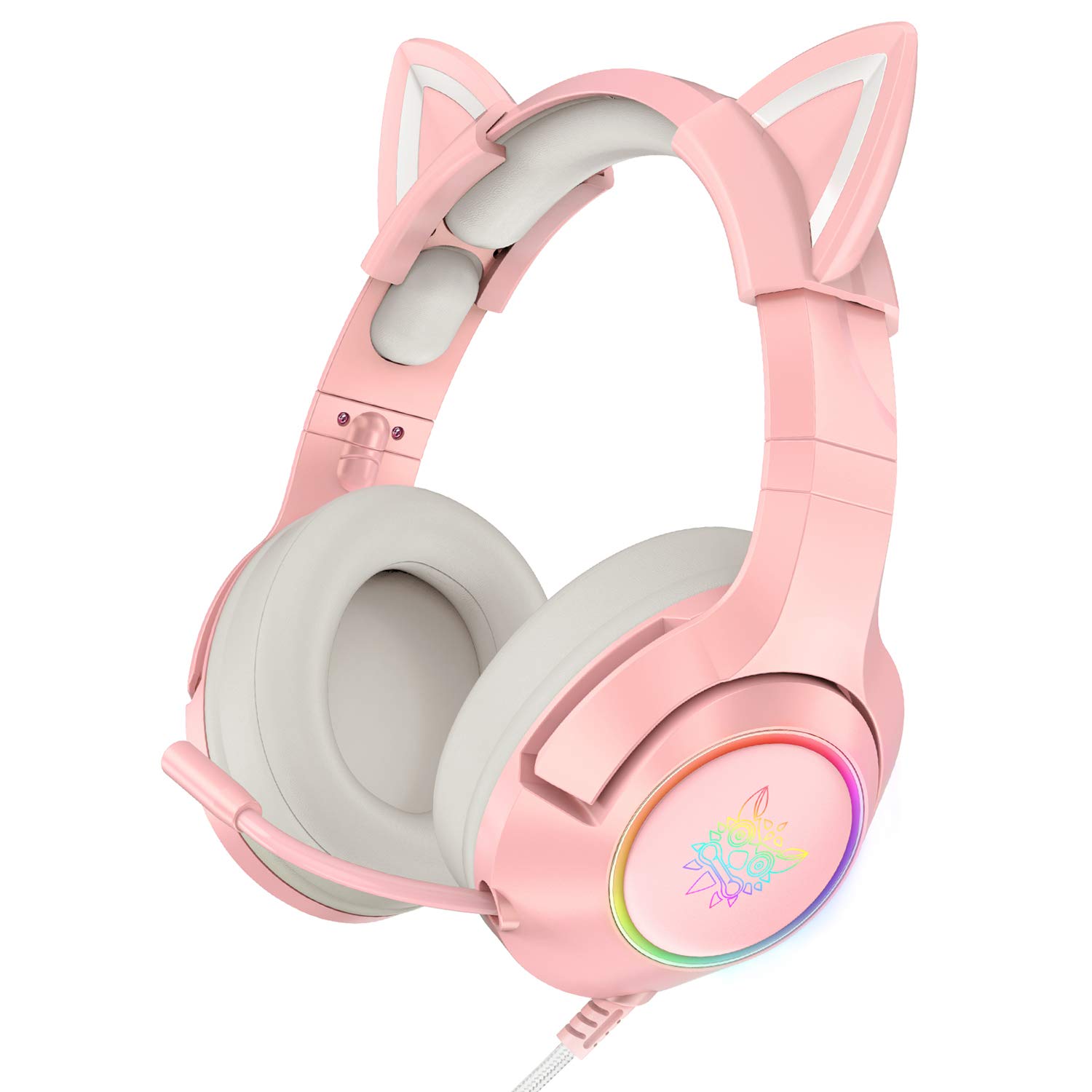 Pink Gaming Headset with Mic for PS5, PS4, Xbox & PC - RGB Cat Ear Headphones for Women Gamers