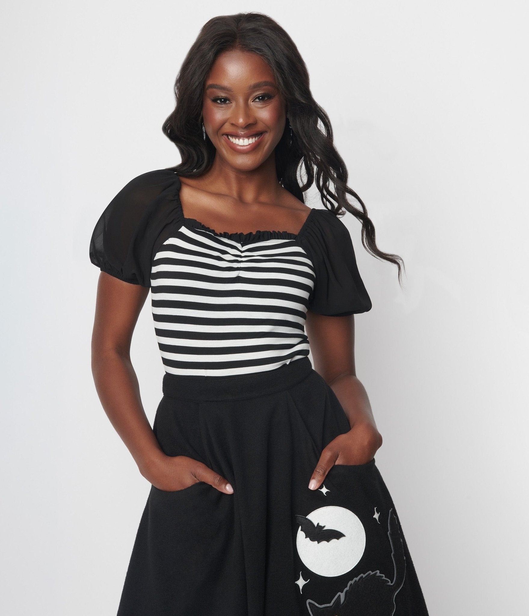 Vintage 1940s Inspired Black & White Striped Chiffon Puff Sleeve Bodysuit - Retro Pin-Up Style Blouse for Women | Perfect for Costume Parties, Themed Events & Vintage Fashion Lovers