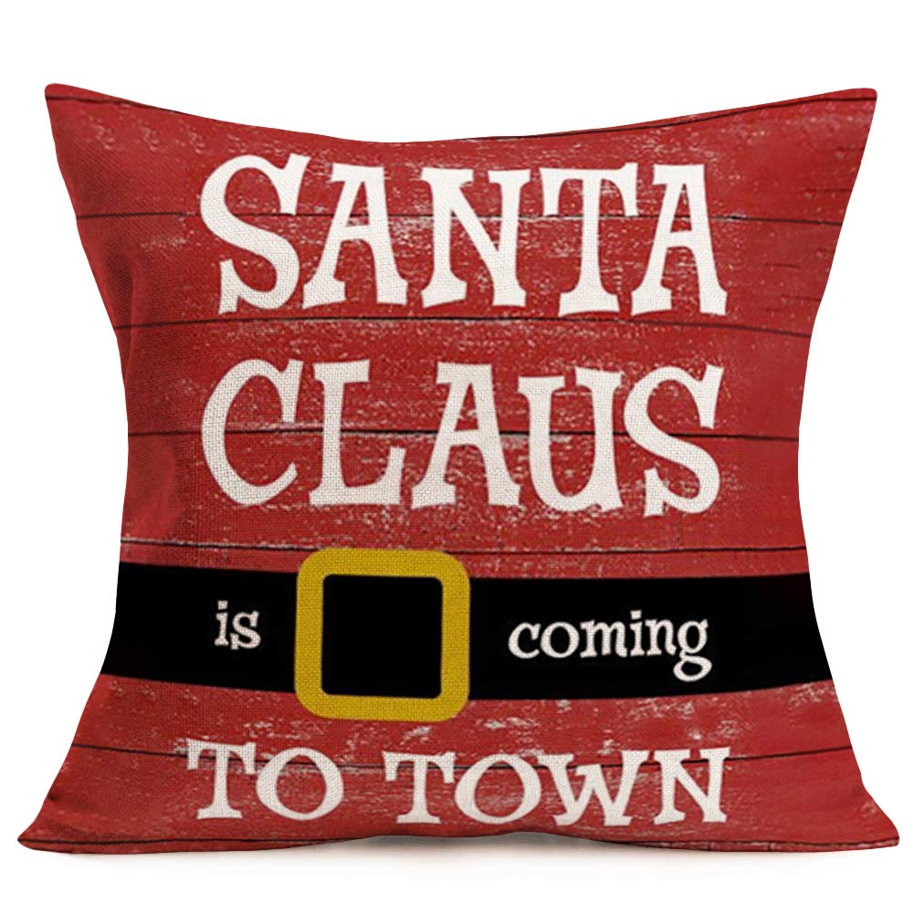 Vintage Red Christmas Wood Quotes Pillow Cover - Santa Claus is Coming to Town Xmas Greetings Decorative Cotton Linen Throw Cushion Case 18x18 Inch for Sofa, Living Room, Bedroom Holiday Decor