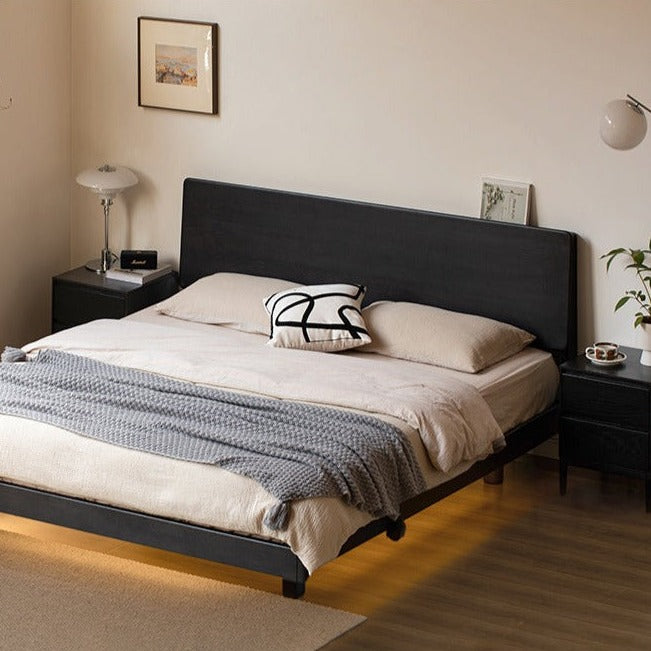 Solid Oak Wood Luminous Floating Bed Frame - Modern Platform Bed with LED Lighting for Bedroom, Guest Room or Dorm