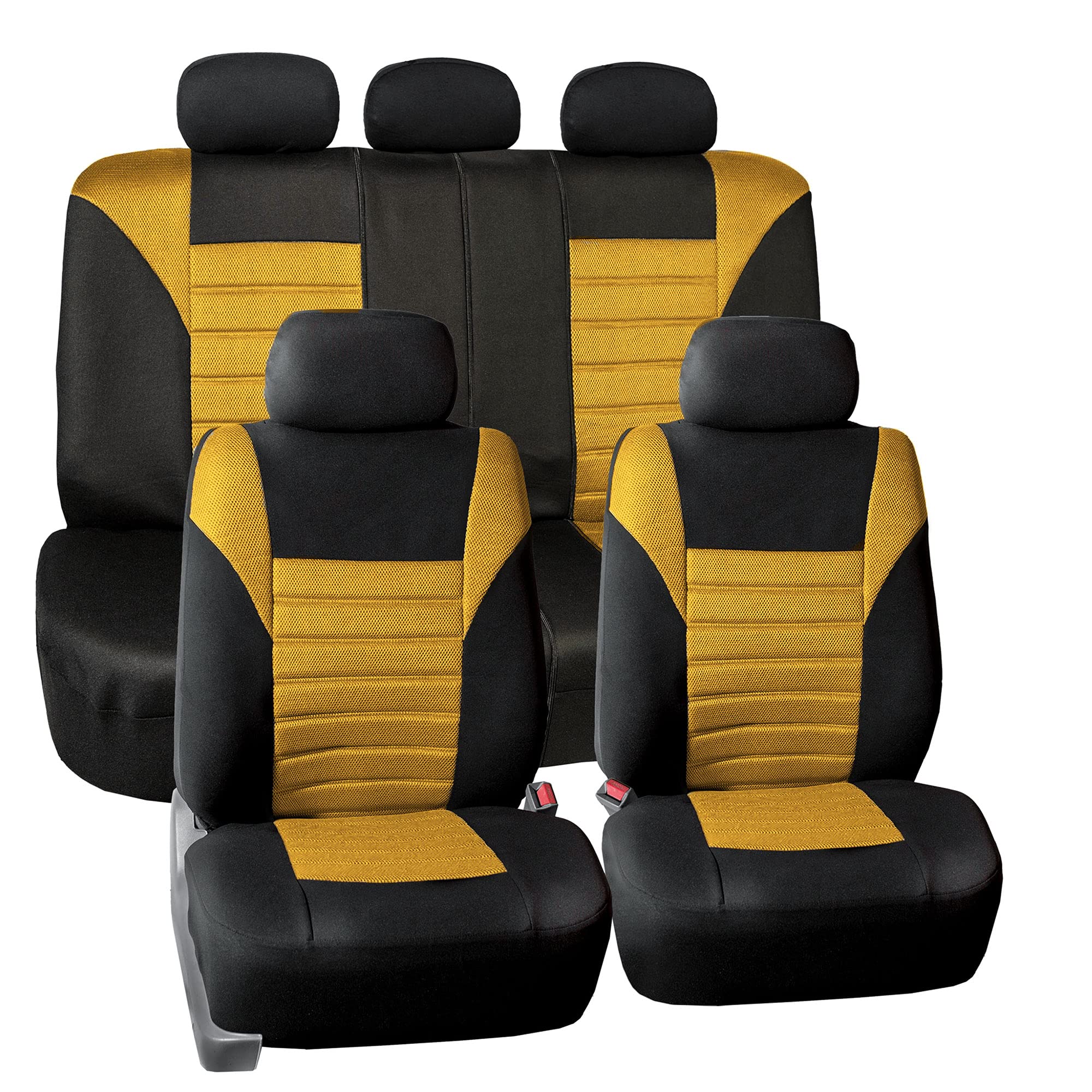 Premium 3D Air Mesh Car Seat Covers Full Set - Universal Fit for Cars, Trucks & SUVs | Airbag Compatible | Yellow Color with Steering Wheel Cover & Seat Belt Pads | Enhanced Comfort & Breathability for Long Drives, Road Trips & Daily Commutes