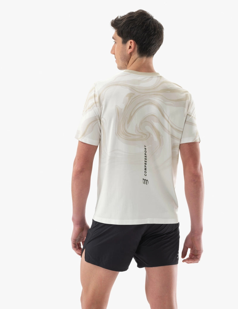 Compressport Men's Performance Short Sleeve Running Shirt - Sugar/Como Print - Moisture Wicking & Breathable Athletic Top for Marathon, Gym & Outdoor Sports
