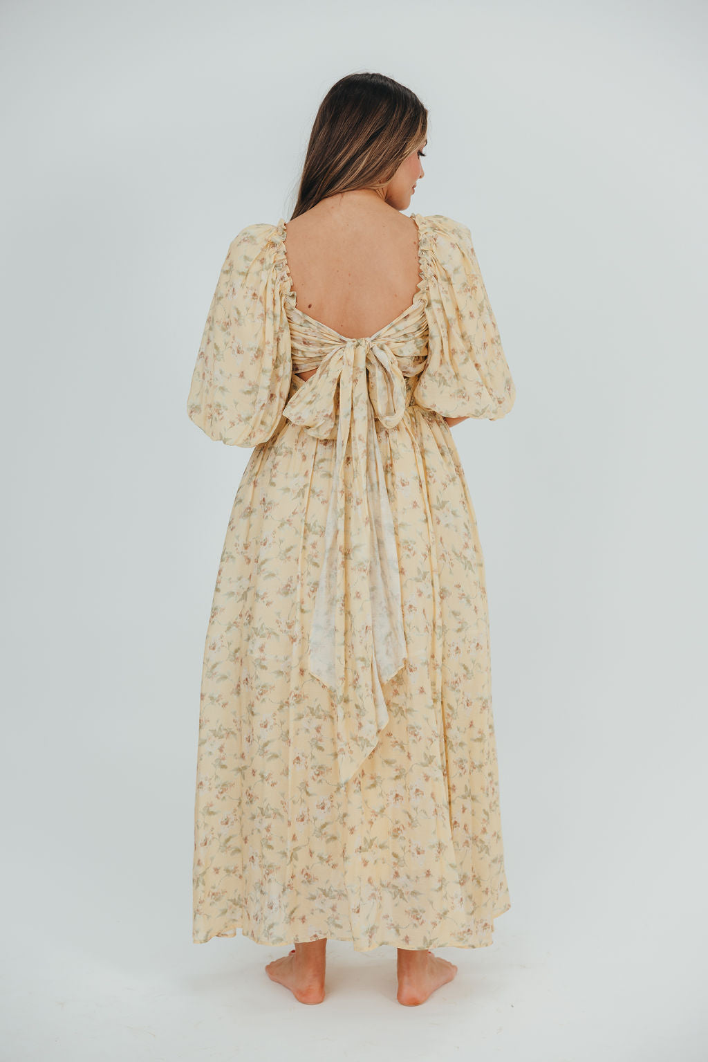 Melody Maxi Dress with Pleats & Bow Detail - Yellow Floral Print | Bump Friendly Maternity Dress | Inclusive Sizing (S-3XL) | Perfect for Weddings, Baby Showers & Summer Vacations