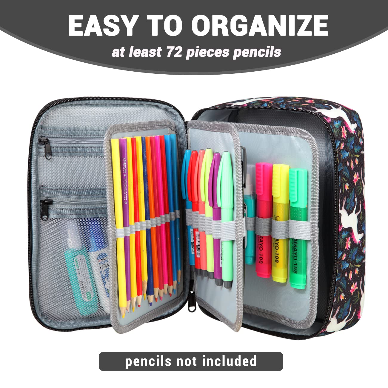 VASCHY Large Pencil Case with Detachable Pockets - for Art Supplies & School Stationery Organization - Black Unicorn Design
