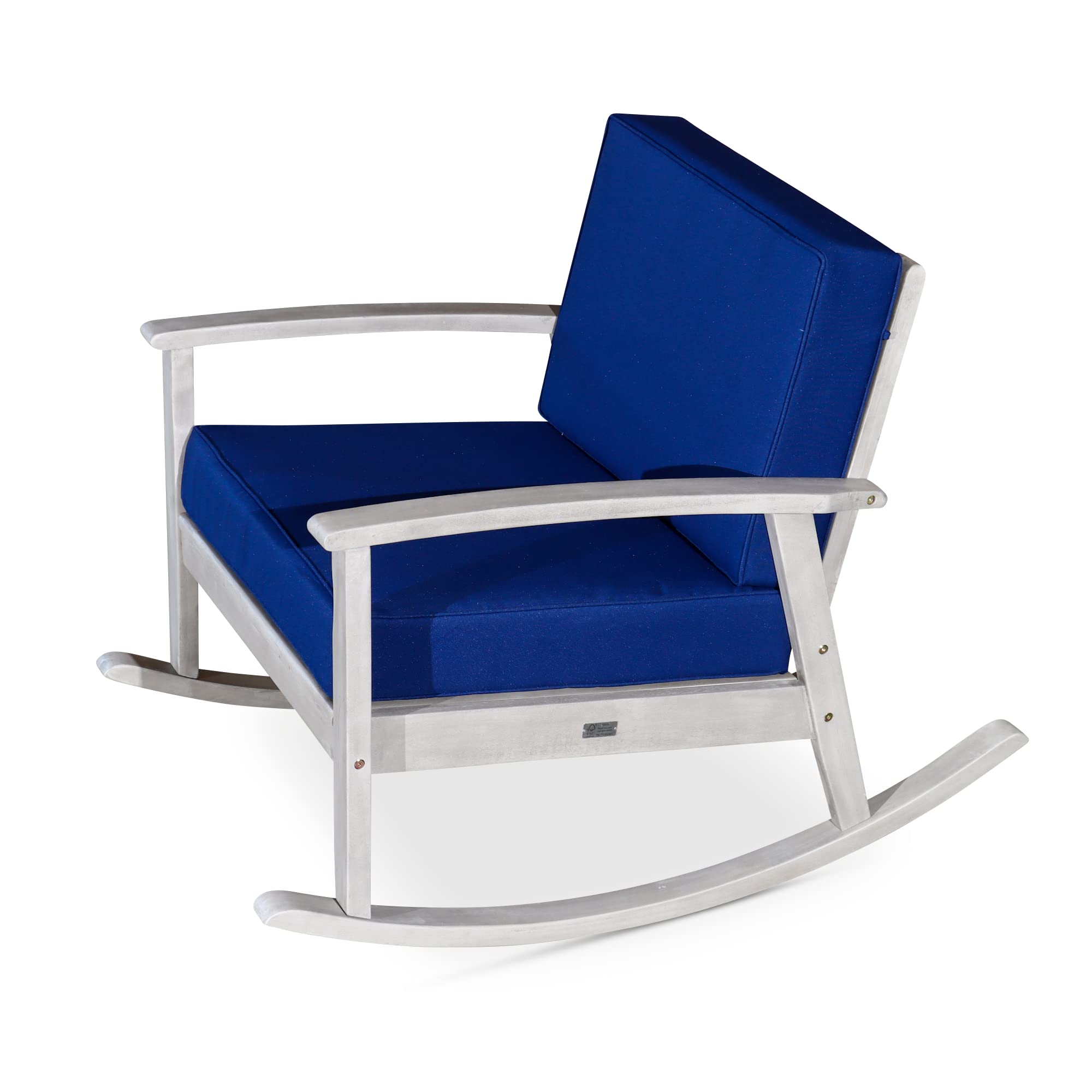 DTY Outdoor Living Longs Peak Deep Seat Eucalyptus Rocker - Silver Gray Finish with Navy Cushions | Patio Rocking Chair for Porch, Garden & Backyard Relaxation