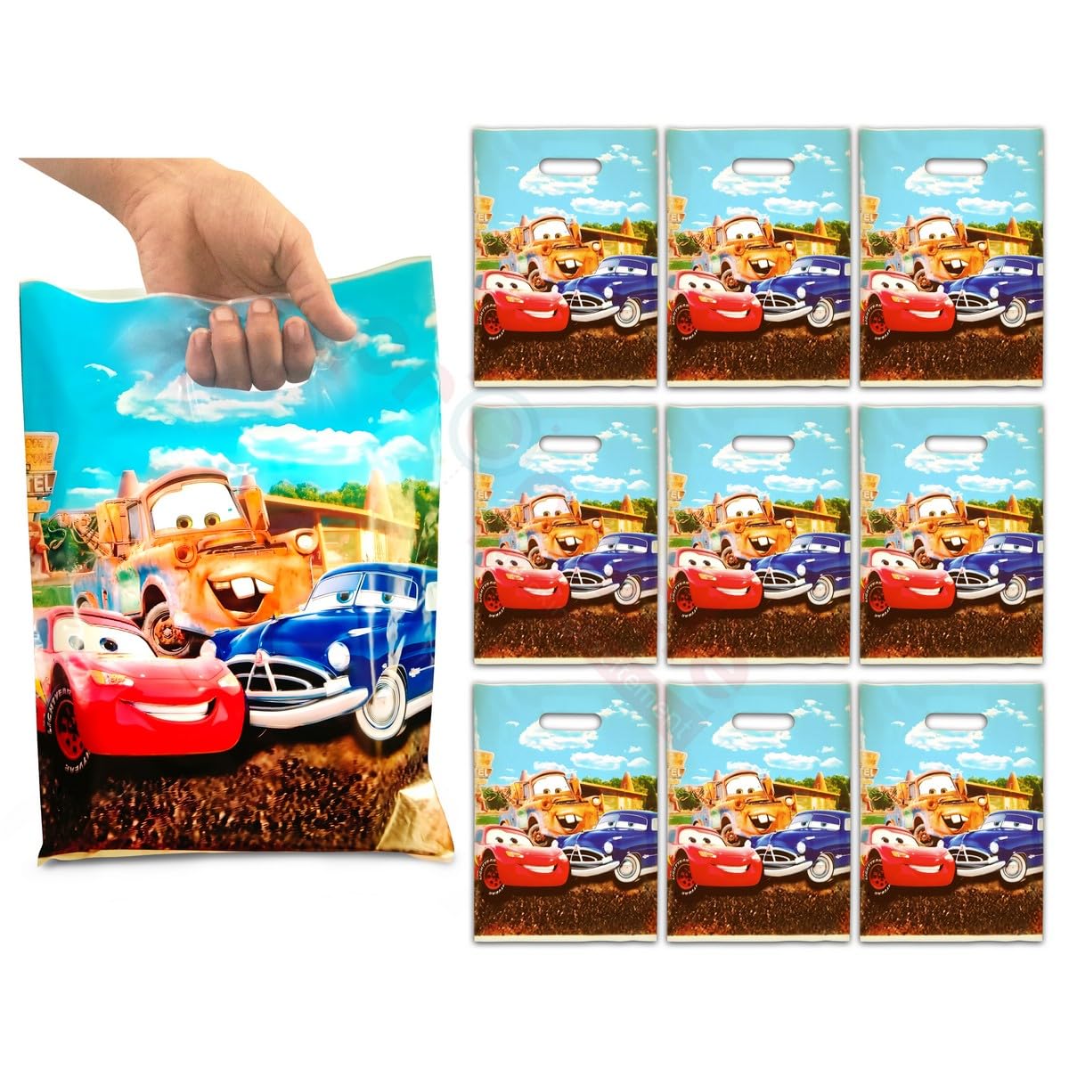 Car Themed Birthday Party Favor Bags for Kids - 10 Pack Blue Foil Goodie Bags with Propsicle Design | Perfect for Boys & Girls Birthday Parties, Return Gifts, and Celebration Favors