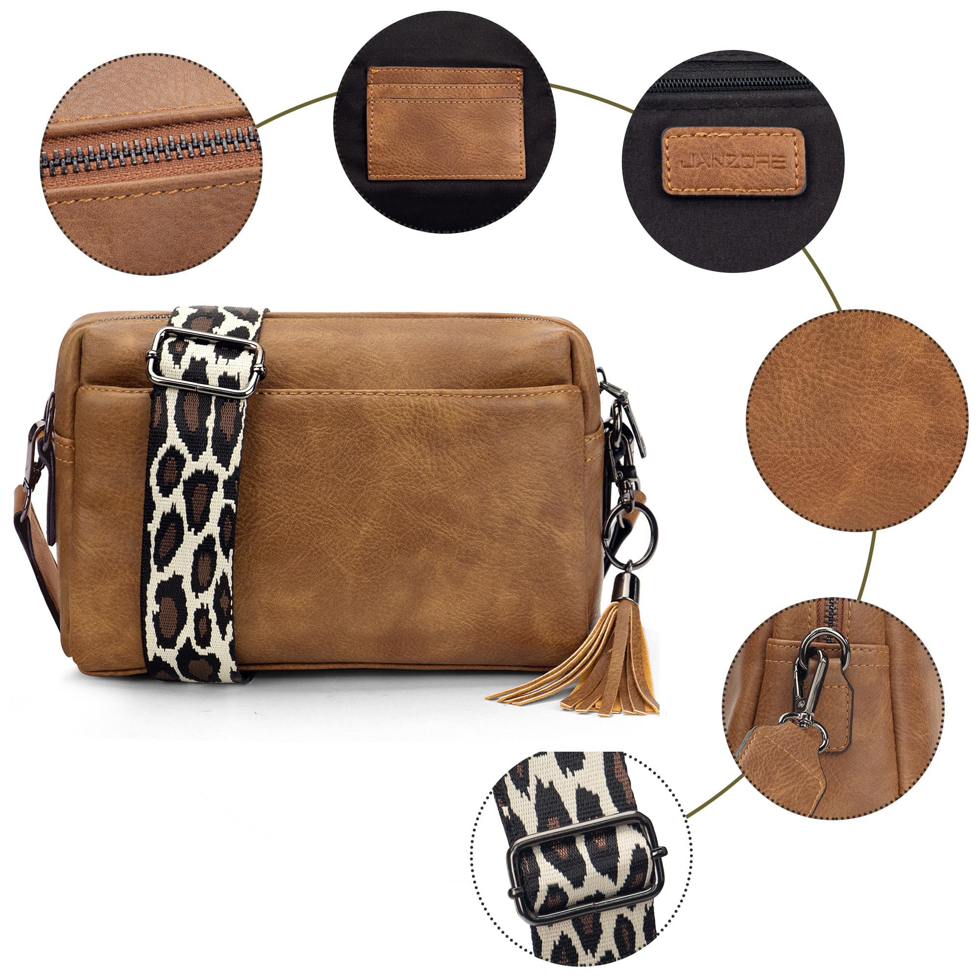 JANZORE Women's Vegan Leather Crossbody Bag - Small Multipurpose Shoulder Bag with 3 Compartments, Wide Strap & Tassel Key Ring | Fashion Camera Handbag for Casual Outings, Travel & Daily Use