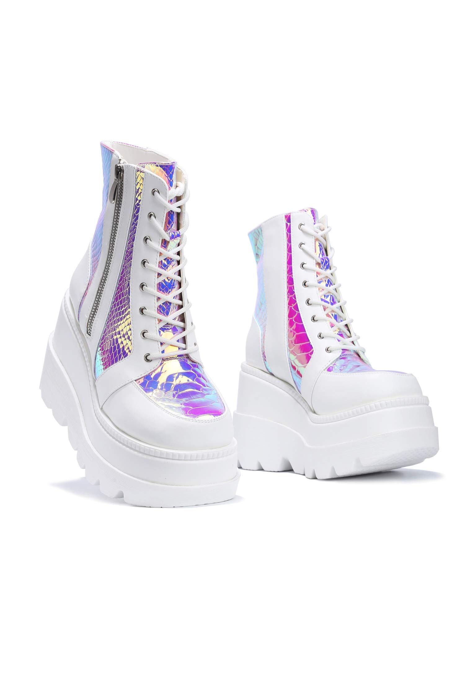 Cape Robbin Women's Chunky Block Heel Boots - White Holographic Platform Ankle Booties for Party, Night Out & Fashion Outfits