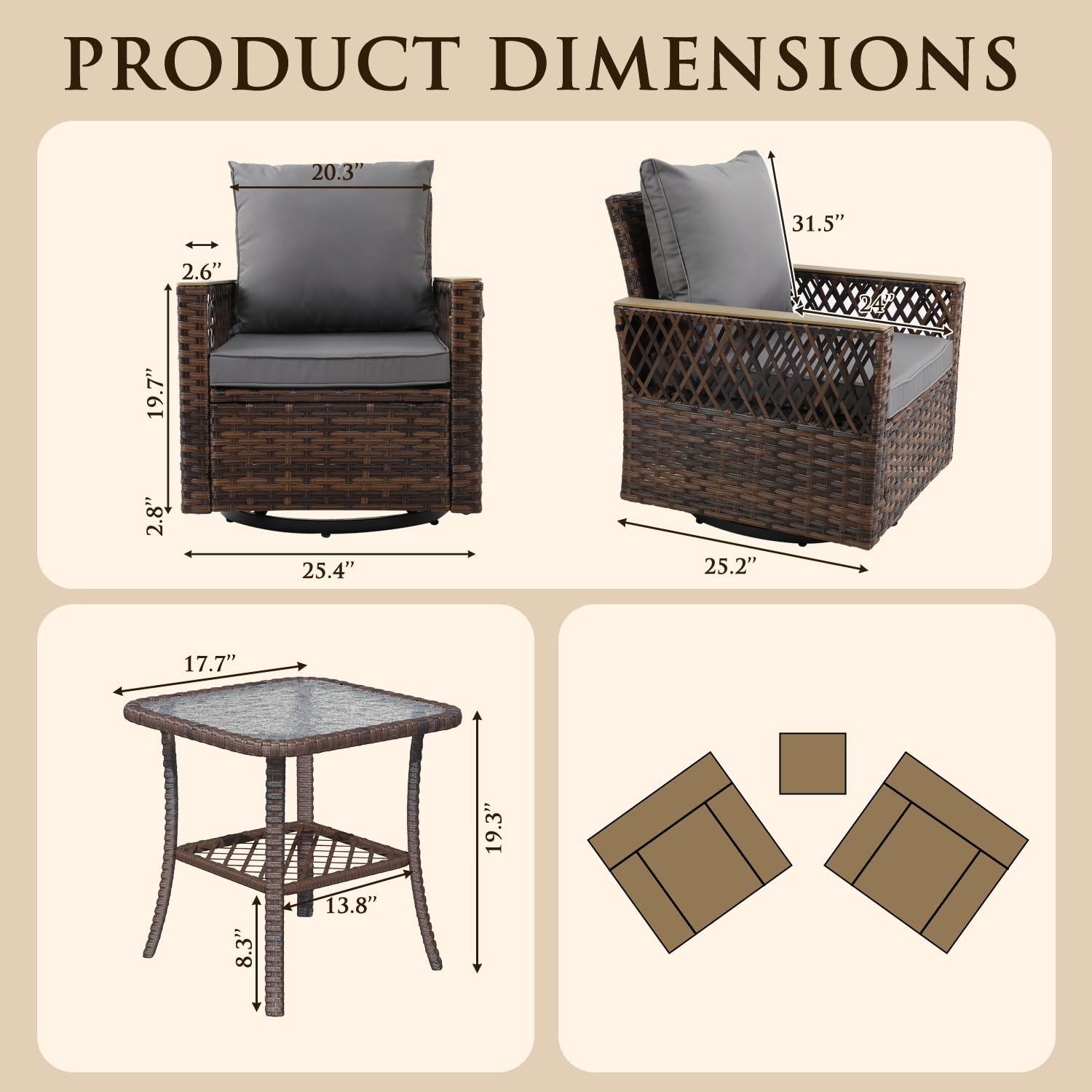 MELLCOM 3-Piece Outdoor Patio Furniture Set - All-Weather Swivel Rocking Chairs with Side Table & Waterproof Cushions for Garden, Backyard, Deck - High Back Comfort Bistro Set for Relaxing & Entertaining