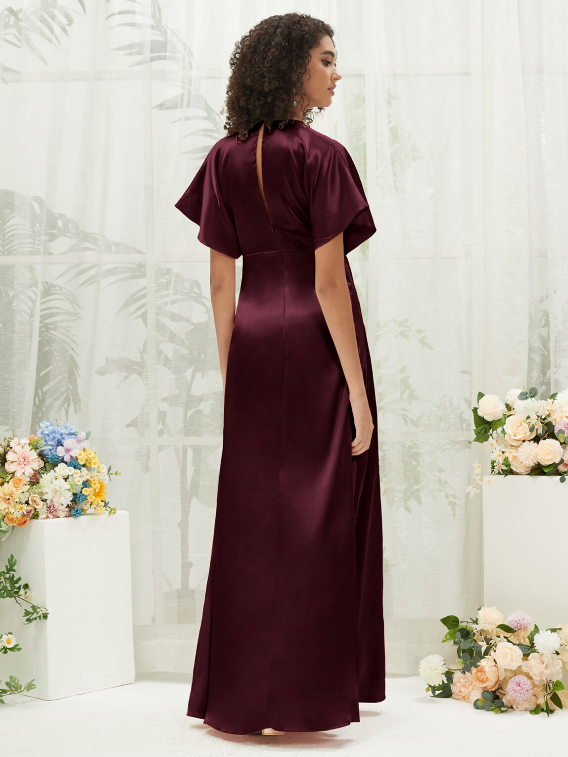 Elegant Cabernet V-Neck Short Sleeve Satin Maxi Bridesmaid Dress with High Slit - Perfect for Weddings, Formal Events & Evening Parties