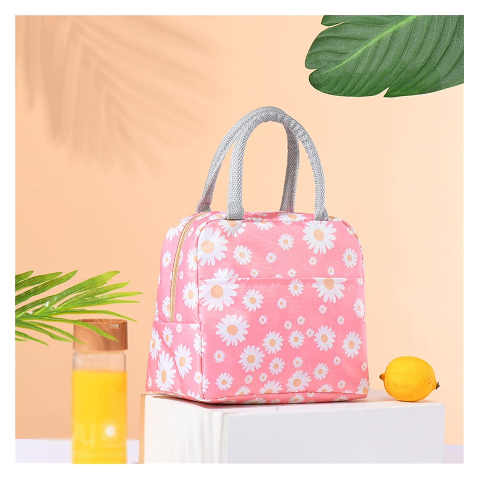Daisy Pattern Insulated Lunch Box Bag - Nylon Portable Zipper Lunch Bag for Work, School & Picnic | Food Preservation & Thermal Insulation | D Size in Blue (Perfect for Office, Outdoor Activities & Kids Lunch)