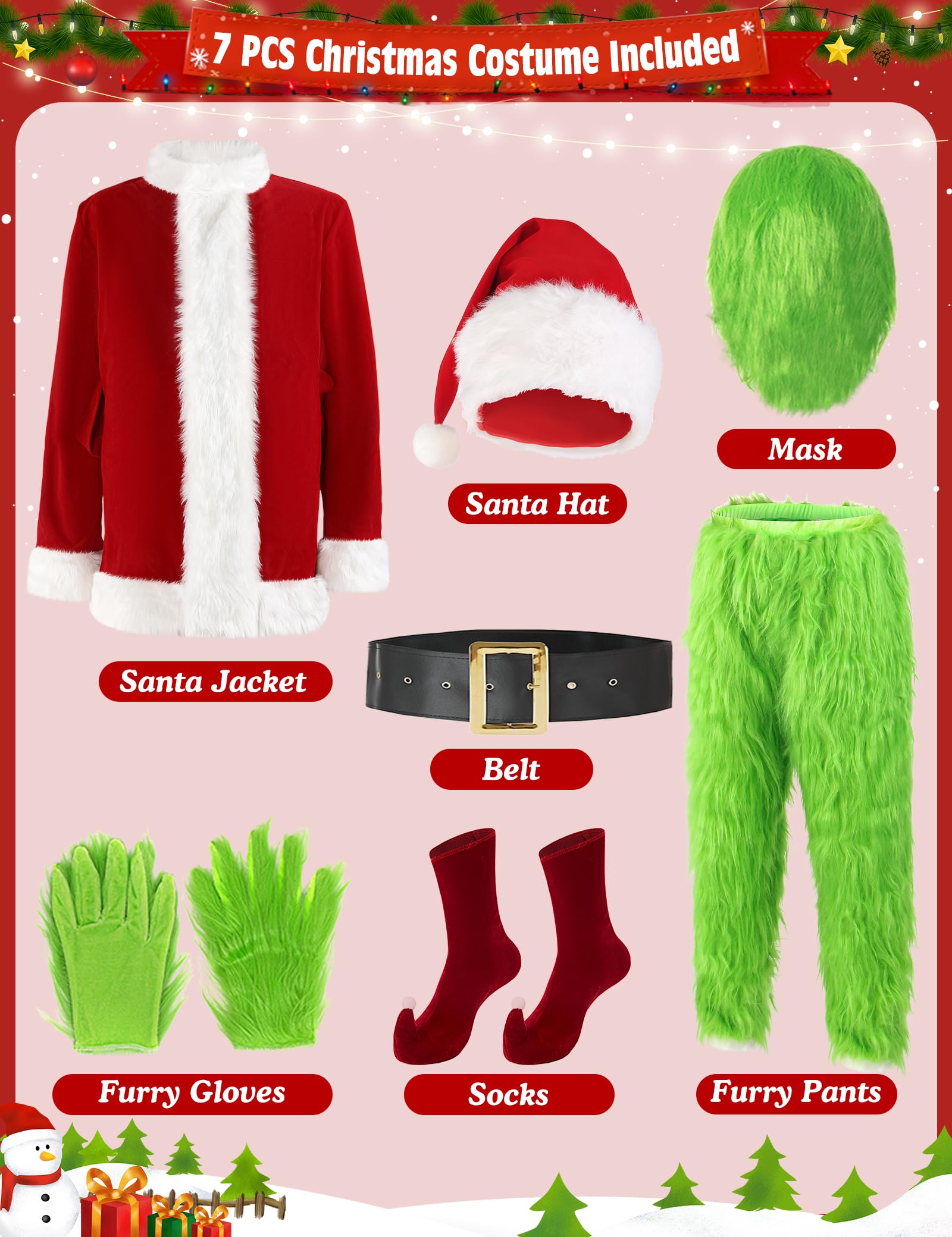 Premium 7-Piece Green Furry Monster Santa Costume Set for Men - Deluxe Adult Christmas Outfit with Mask (Size 3XL) - Perfect for Holiday Parties, Cosplay & Festive Celebrations