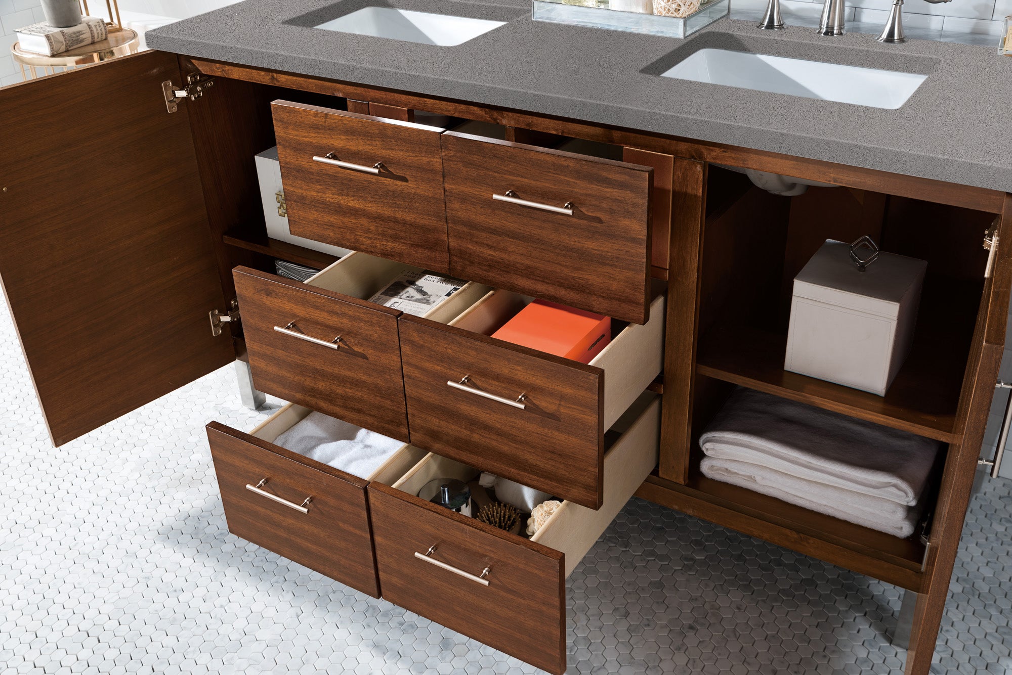 Metropolitan 60 Inch Double Vanity with 3CM Grey Expo Quartz Top - American Walnut Bathroom Vanity for Modern Master Bathrooms & Luxury Home Renovations