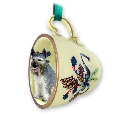 Giant Gray Schnauzer Tea Cup Christmas Ornament - Handmade Ceramic Holiday Decor for Tree, Gift, or Home Decoration