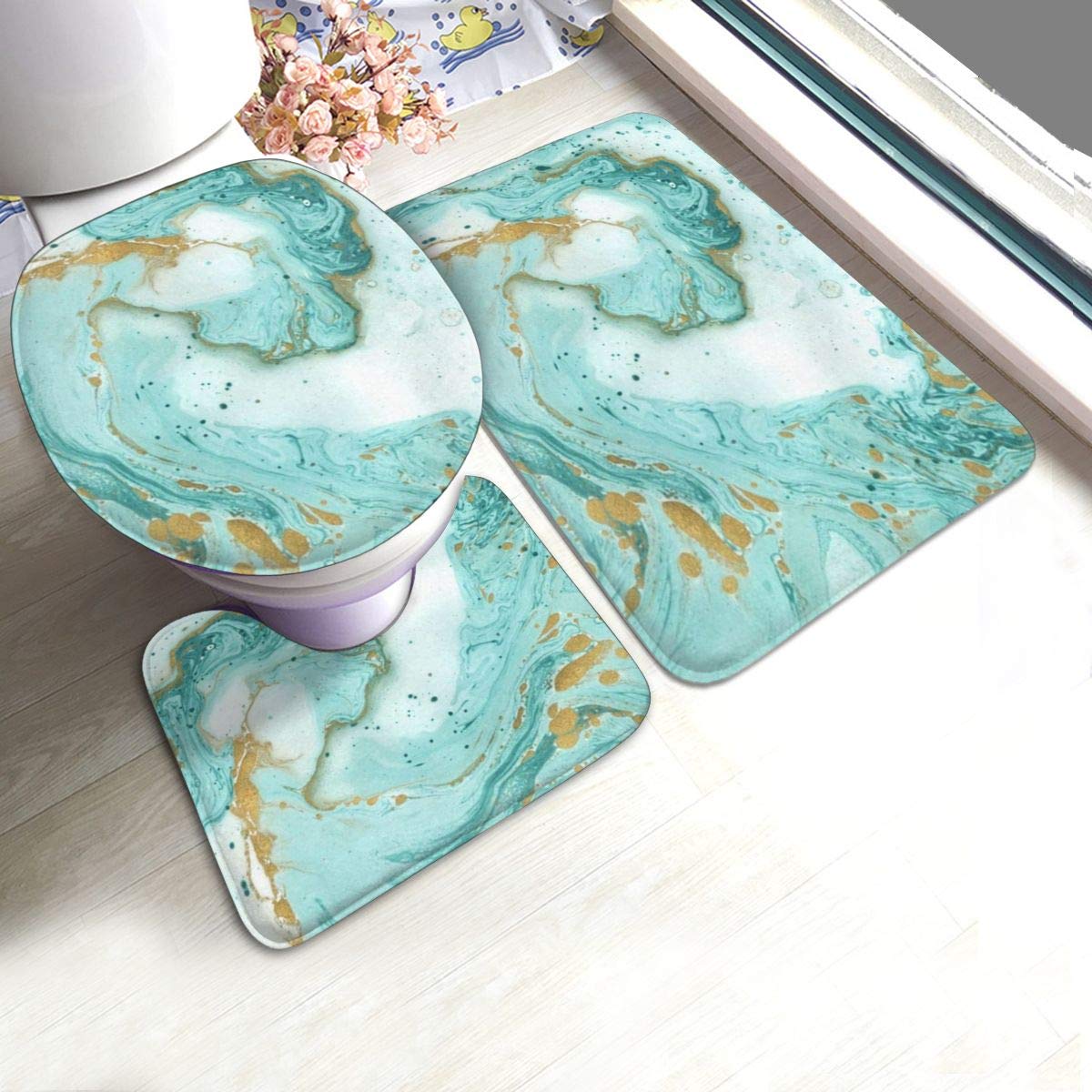 3-Piece Non-Slip Bathroom Rug Set - Turquoise Gold Marble U-Shaped Contour Mat with Toilet Lid Cover | Washable Bath Mats for Bathroom Decor & Safety | Perfect for Master Bath, Guest Bath & Apartment Bathrooms