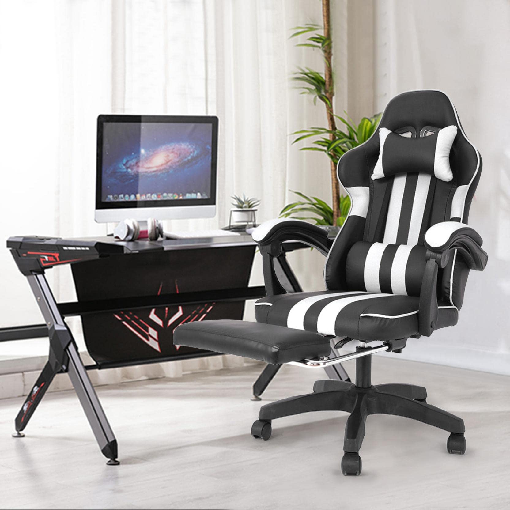 Premium Ergonomic Gaming Chair with Adjustable Footrest, Lumbar Support & Reclining Back - White Leather PC/Office Chair for Esports & Home Workspace Comfort