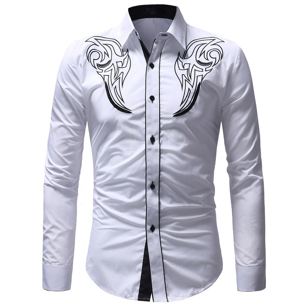 Premium Men's Long Sleeve Sateen Dress Shirt - Casual Button Down Shirt with Embroidery Detail - Office Wear, Business Casual & Formal Occasions